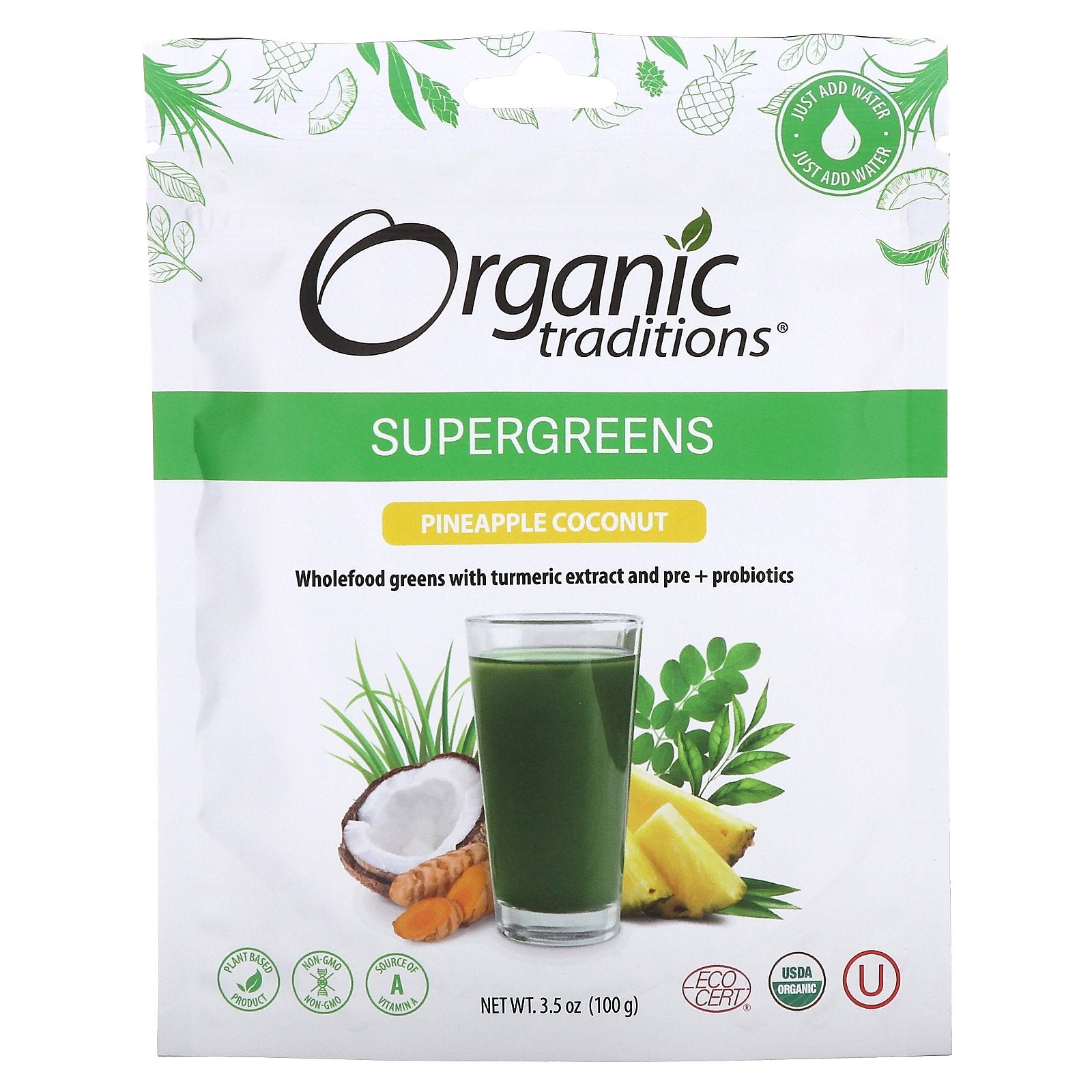 Foto 2 pulgar | Piña Y Coco Supergreens Organic Traditions 100 G - Venta Internacional.