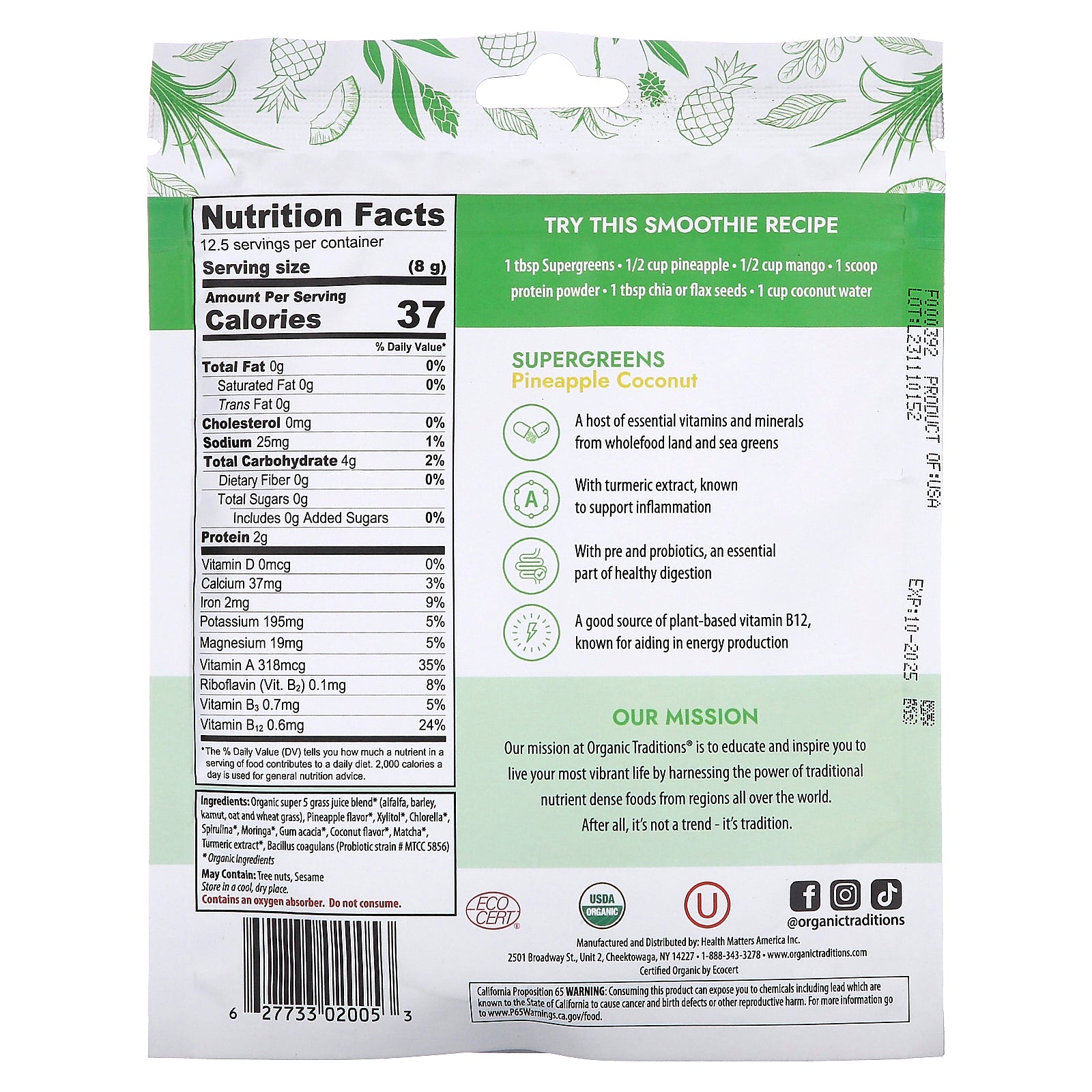 Foto 3 pulgar | Piña Y Coco Supergreens Organic Traditions 100 G - Venta Internacional.