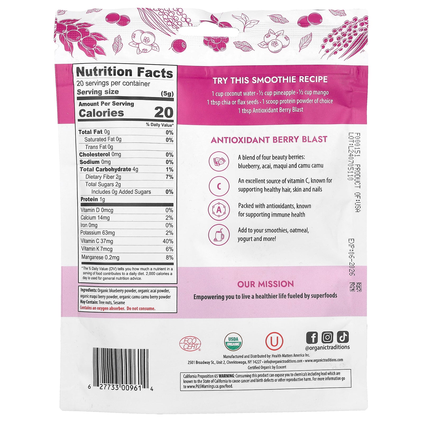 Foto 2 | Suplemento Antioxidante Berry Blast De Organic Traditions  100 G - Venta Internacional.