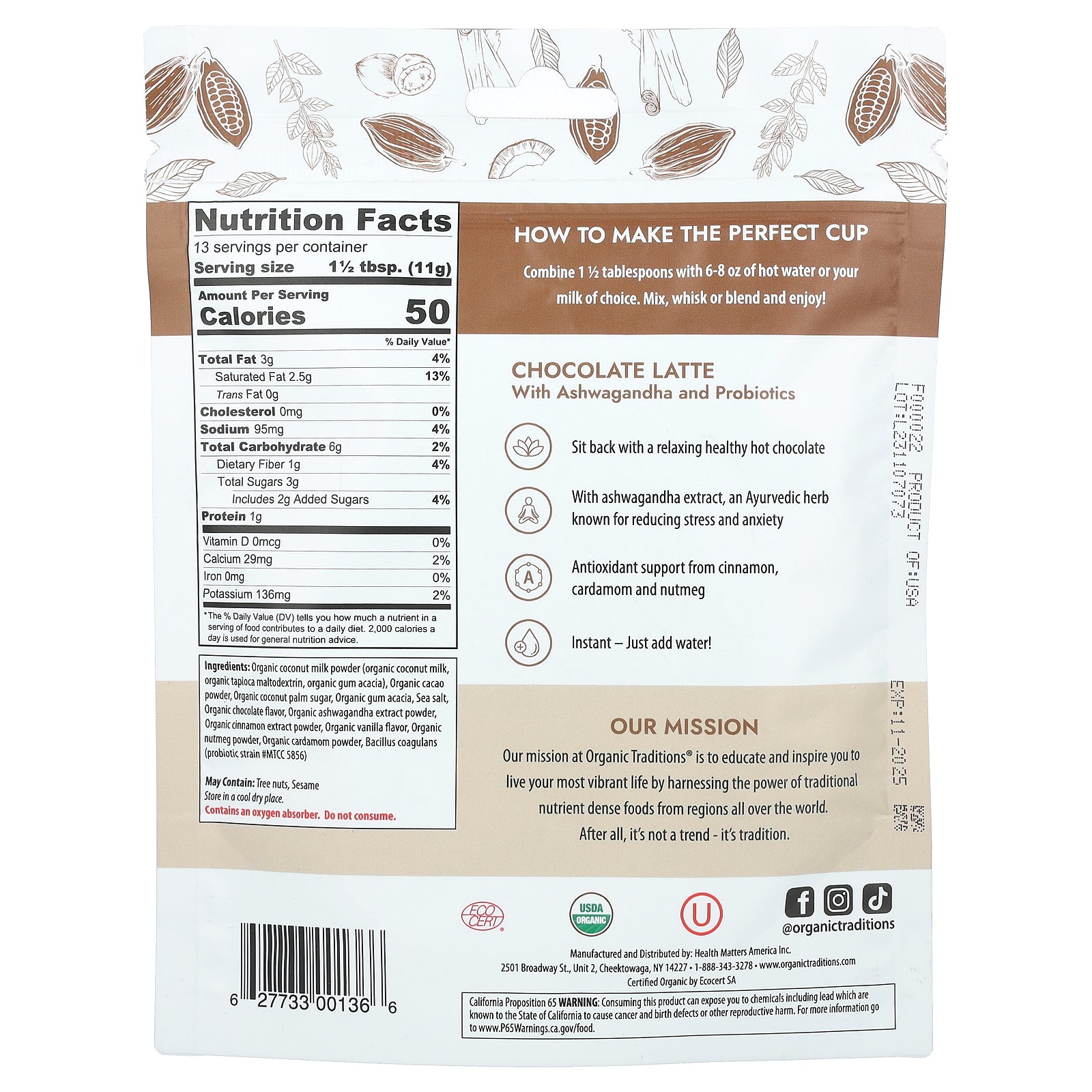 Foto 3 pulgar | Bebida Organic Traditions Con Chocolate Con Leche  150 G  Con Ashwagandha - Venta Internacional.