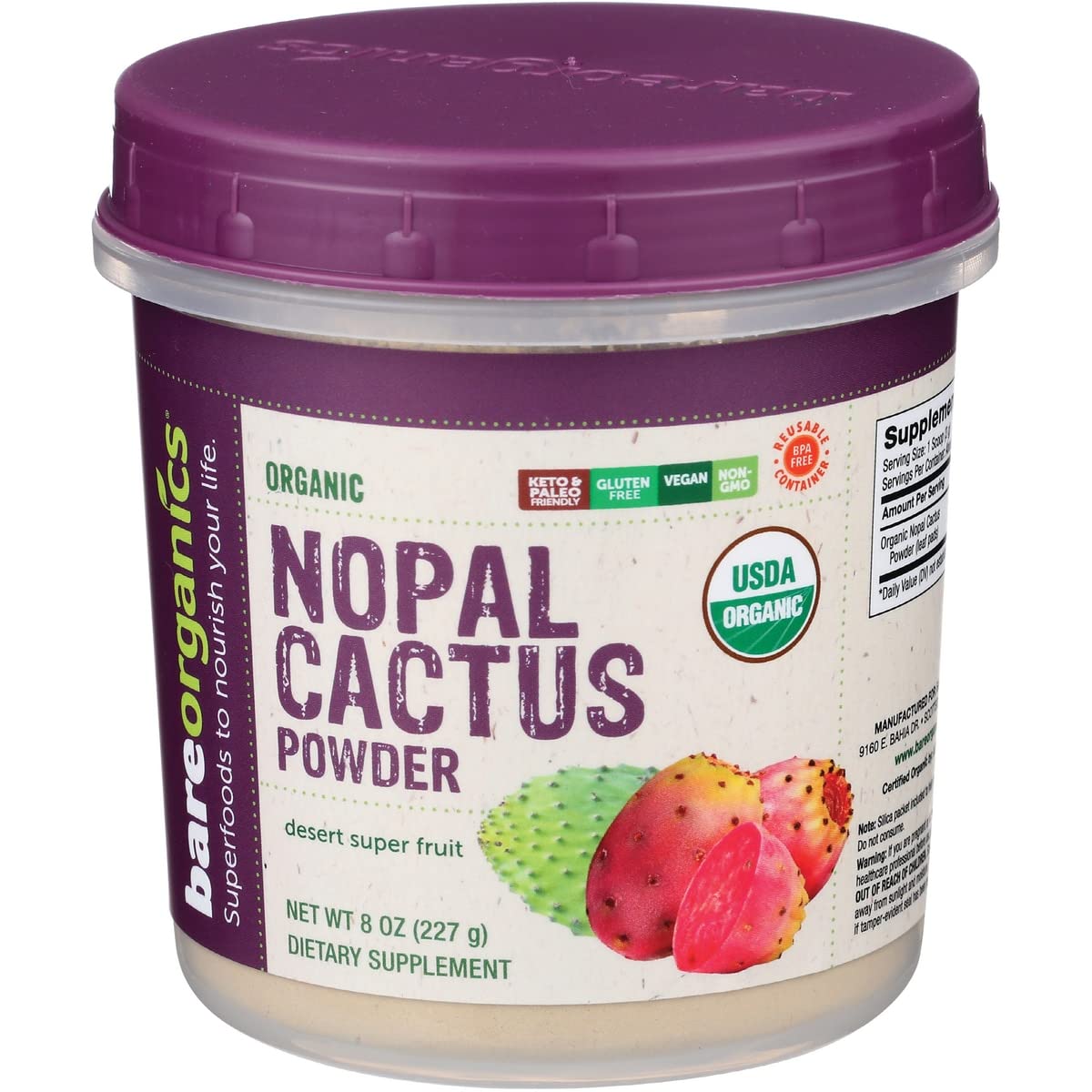 Foto 1 | Nopal Cactus En Polvo Bareorganics  240 Ml  Orgánico Y Vegano Del Usda - Venta Internacional.