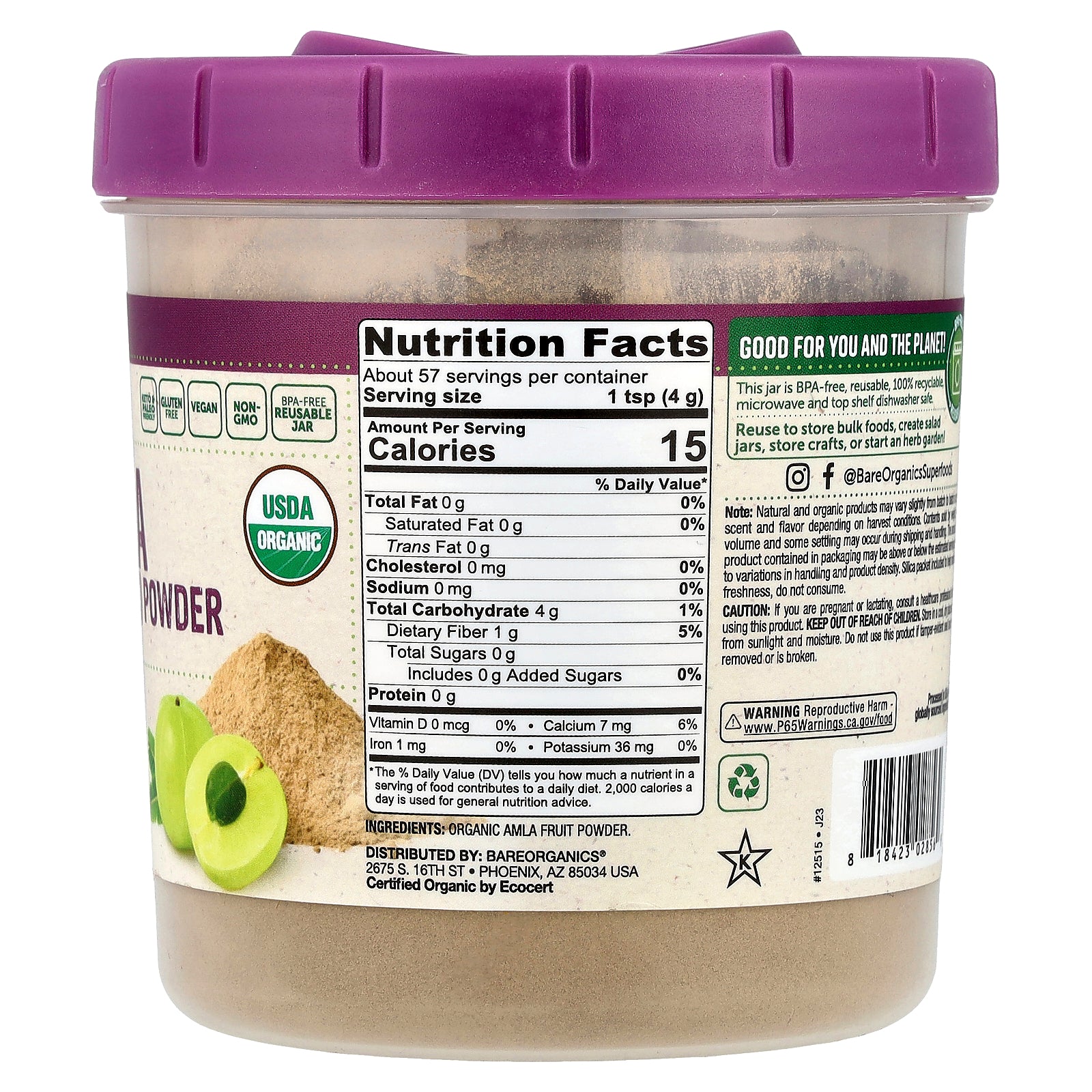Foto 3 pulgar | Suplemento Bareorganics Amla En Polvo Orgánico 227 G - Venta Internacional.