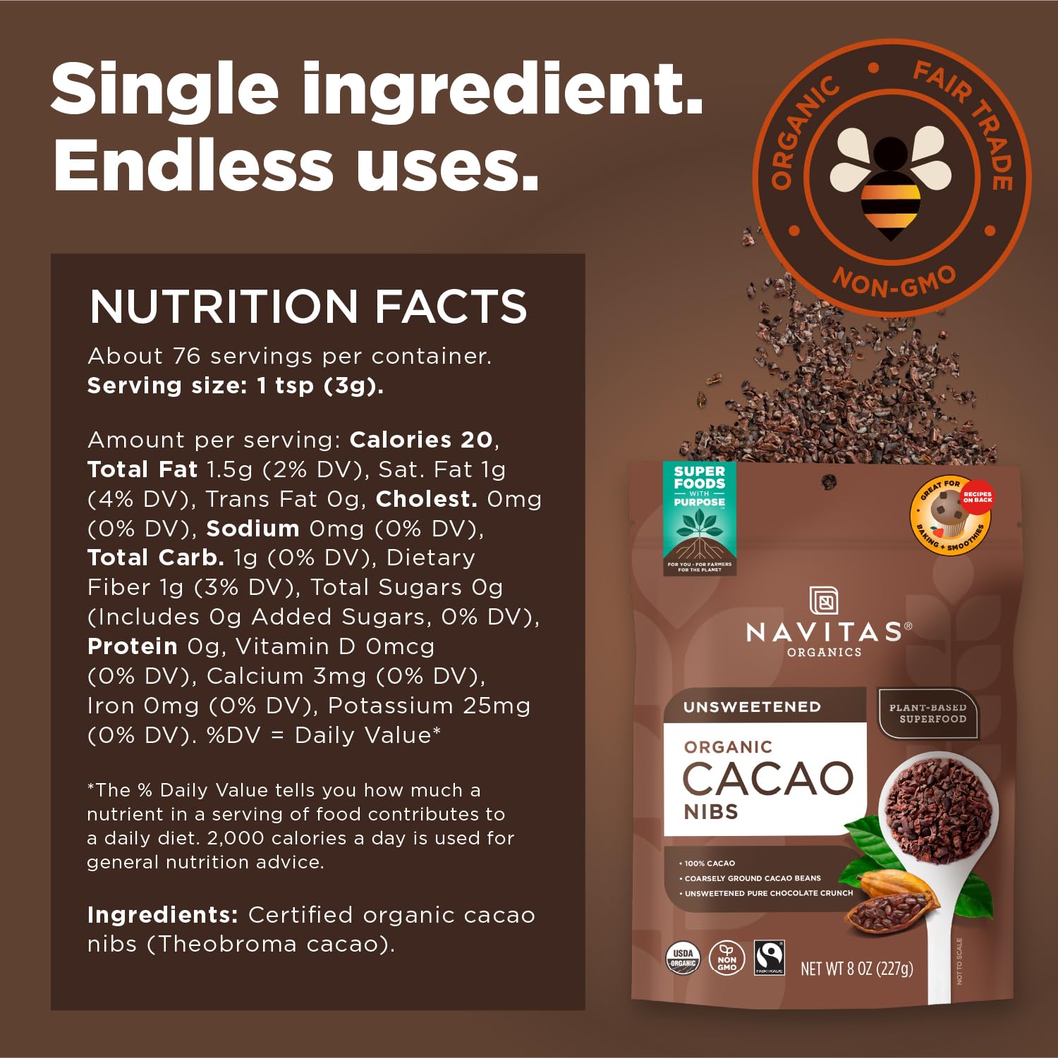 Foto 4 pulgar | Chocolate Negro Sin Azúcar Cacao Nibs Navitas Organics 225 G - Venta Internacional.
