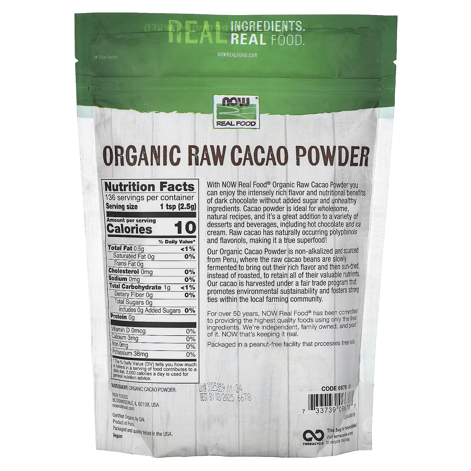 Foto 3 pulgar | Cacao En Polvo Now Foods Organic Raw 340 G Secado Al Sol En Perú - Venta Internacional.