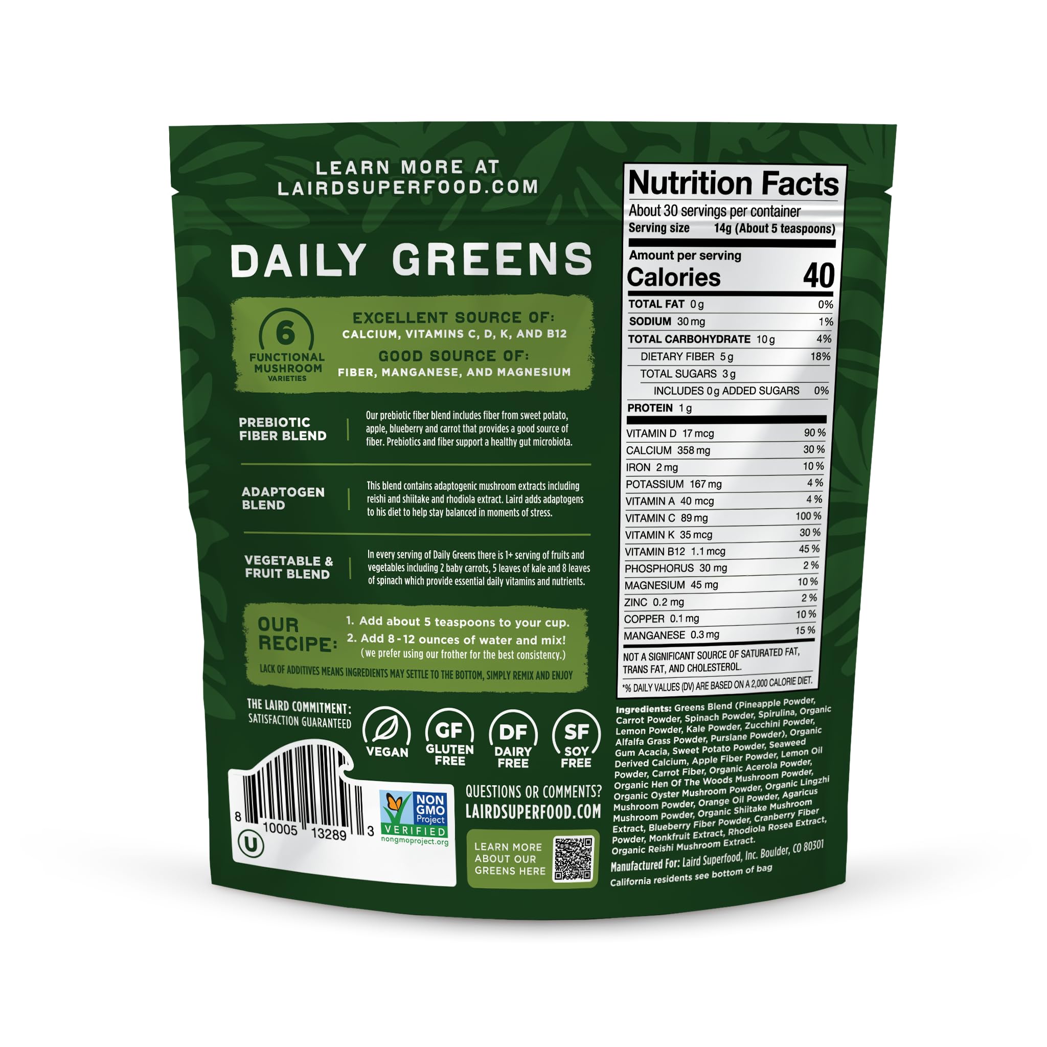 Foto 3 pulgar | Suplemento Laird Superfood Prebiotic Daily Greens  440 Ml - Venta Internacional.