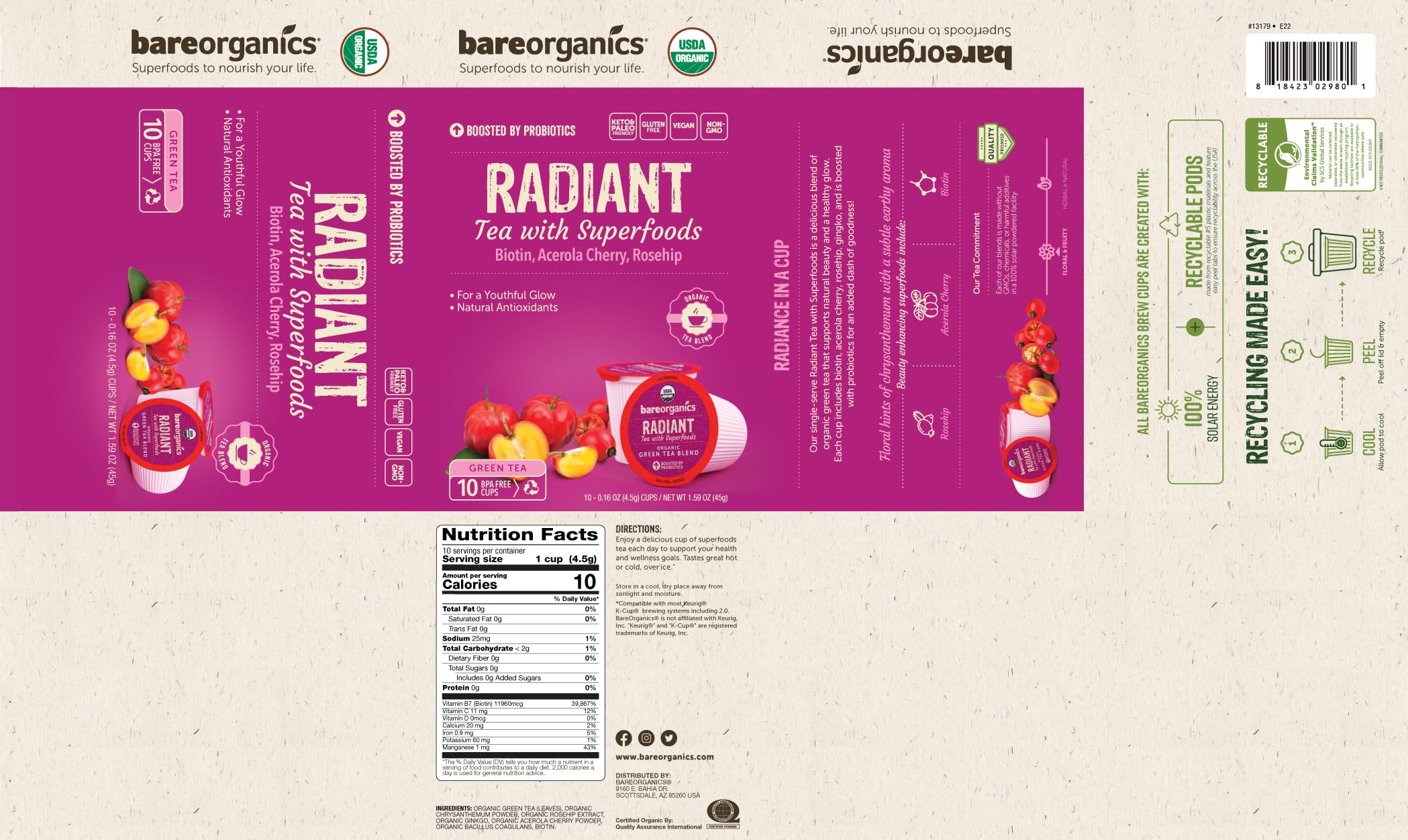 Foto 7 | 10 Cápsulas Tea Bareorganics Radiant Con Superalimentos Y Probióticos - Venta Internacional.