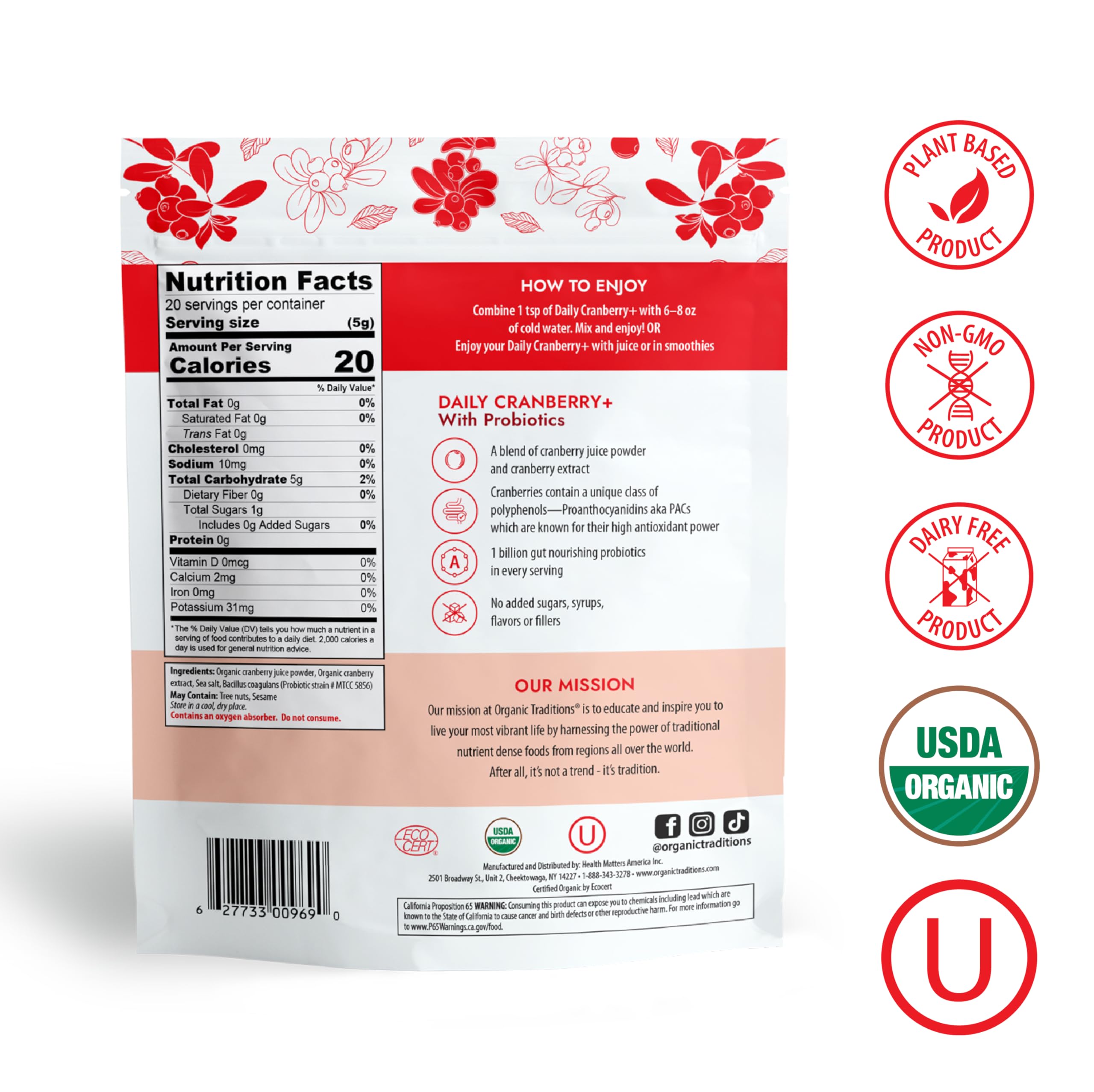 Foto 3 pulgar | Suplemento Organic Traditions Daily Cranberry  Bolsa De 100 G - Venta Internacional.