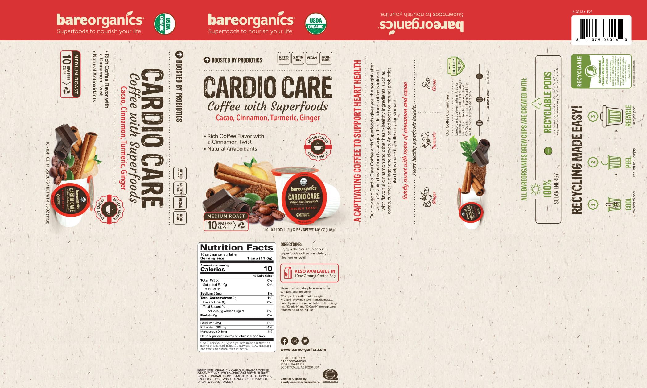 Foto 7 | Cápsulas De Café Bareorganics Cardio Care Con Superalimentos  10 Tazas - Venta Internacional.