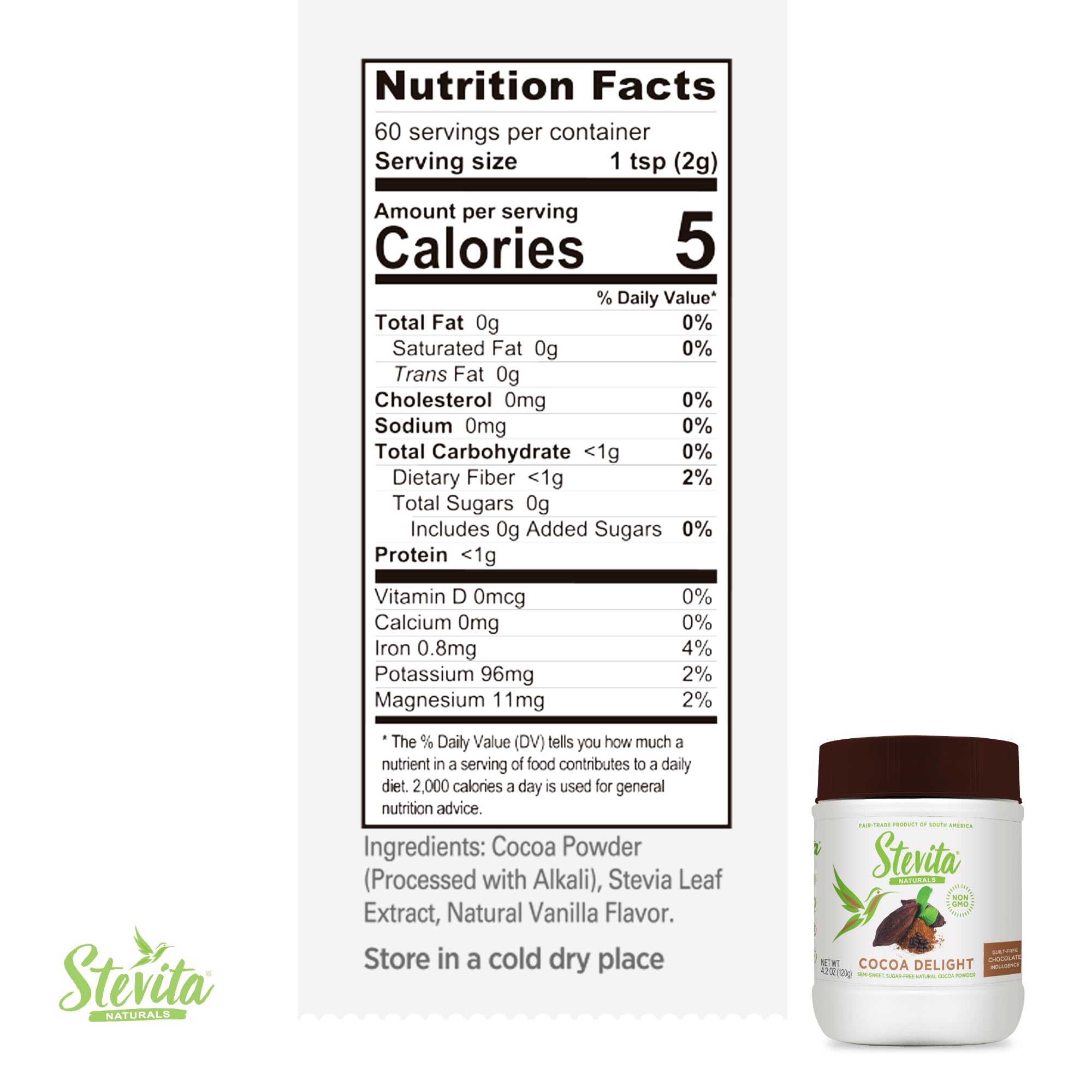 Foto 2 | Cacao En Polvo Stevita Cocoa Delight 125 Ml - 60 Porciones - Venta Internacional.