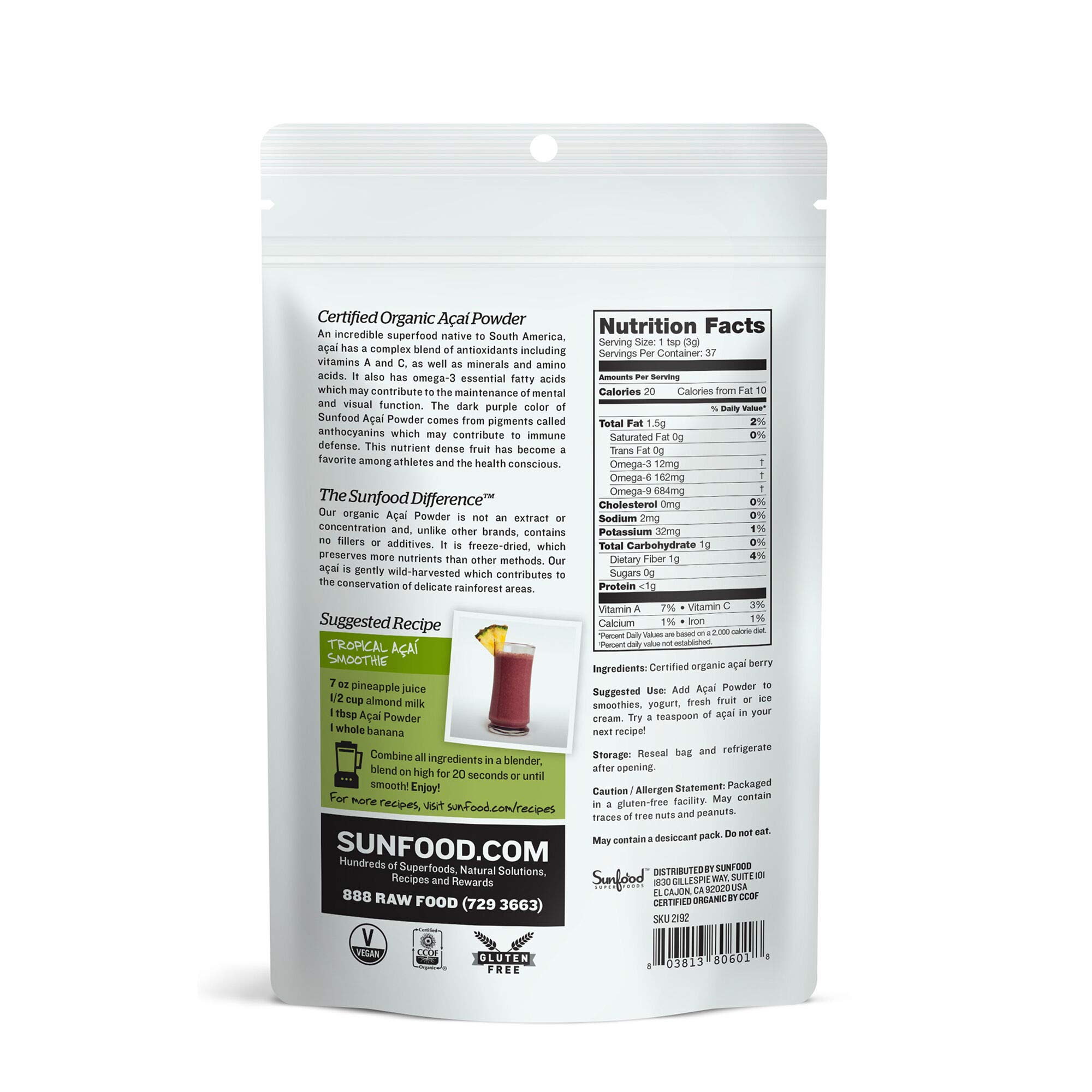 Foto 3 pulgar | Acai Powder Sunfood Superfoods Organic  Bolsa De 113 Ml - Venta Internacional.