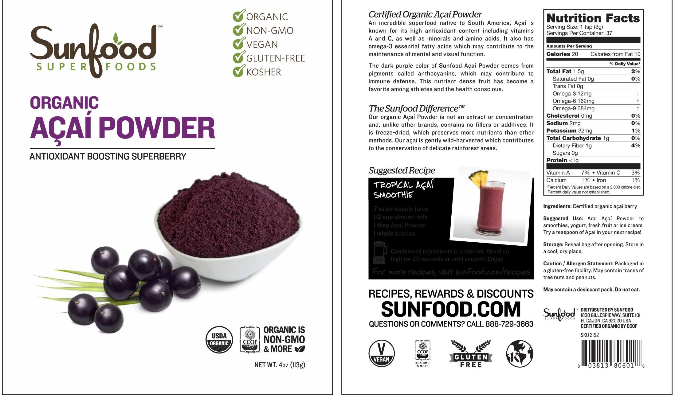 Foto 4 pulgar | Acai Powder Sunfood Superfoods Organic  Bolsa De 113 Ml - Venta Internacional.