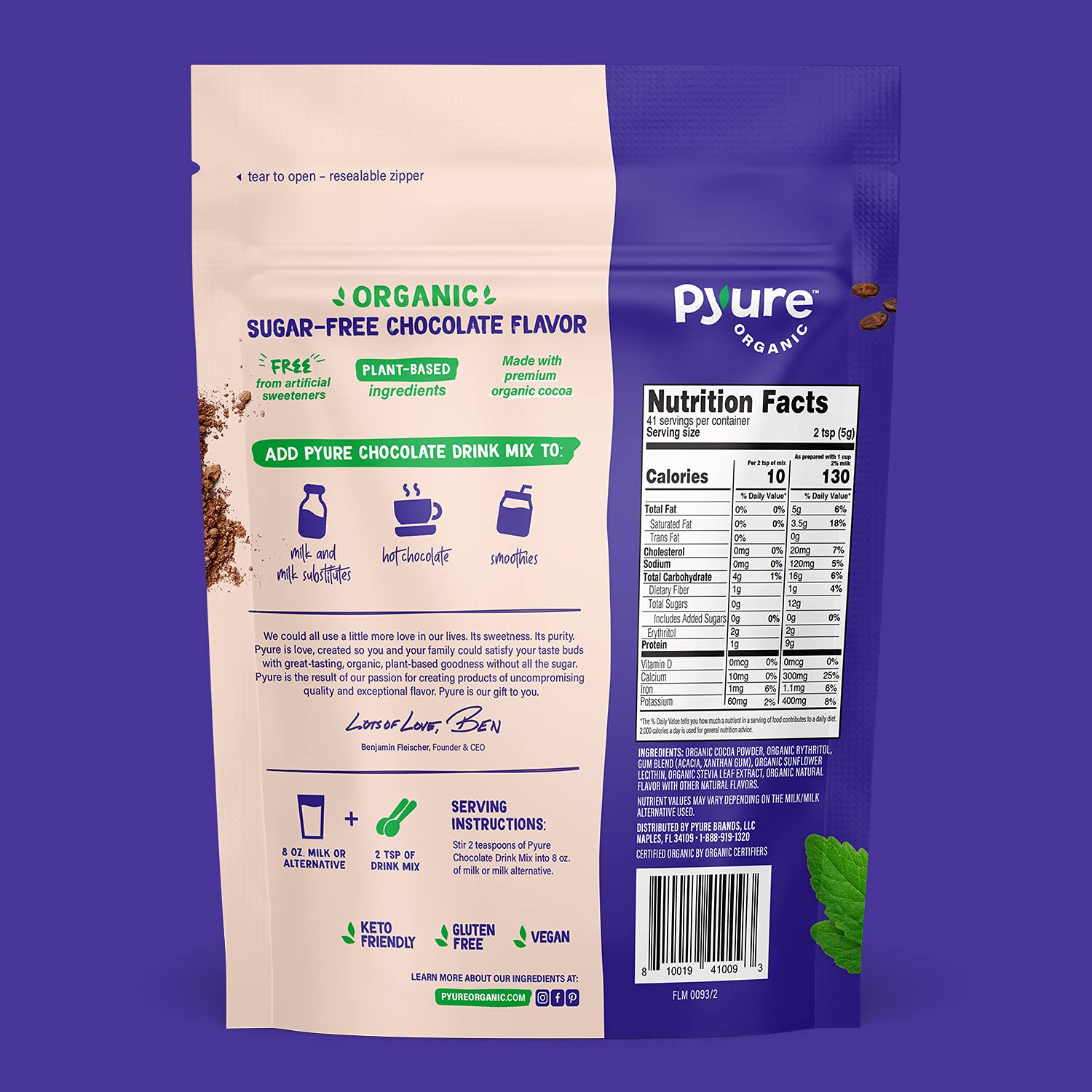 Foto 6 pulgar | Drink Mix Pyure Chocolate Orgánico Sin Azúcar 200 Ml - Venta Internacional.