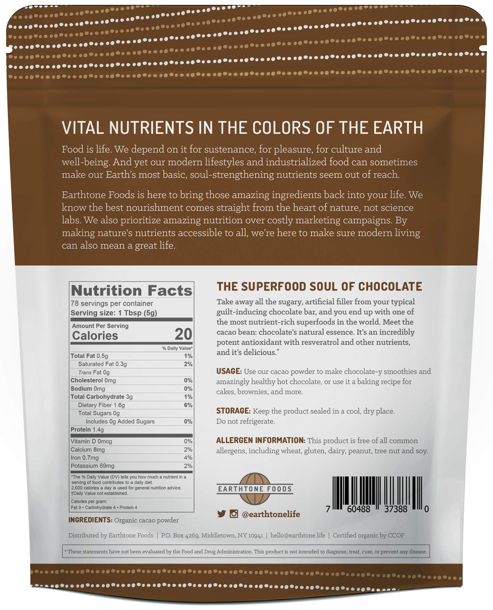Foto 7 pulgar | Cacao En Polvo Earthtone Organic Sin Endulzar 400 Ml - Venta Internacional.