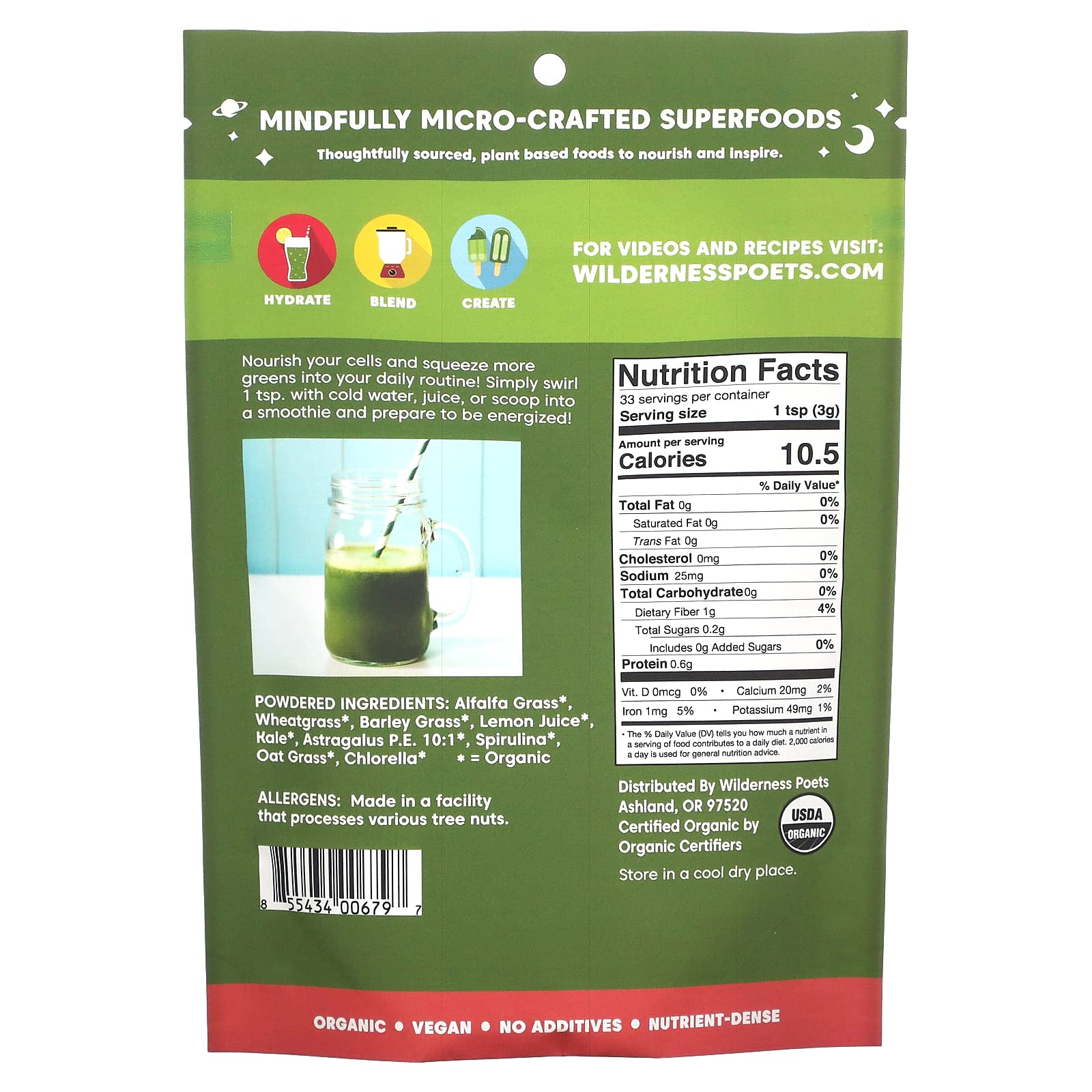 Foto 3 pulgar | Jugo Verde En Polvo Wilderness Poets  Alcalinizante Orgánico  100 G - Venta Internacional.