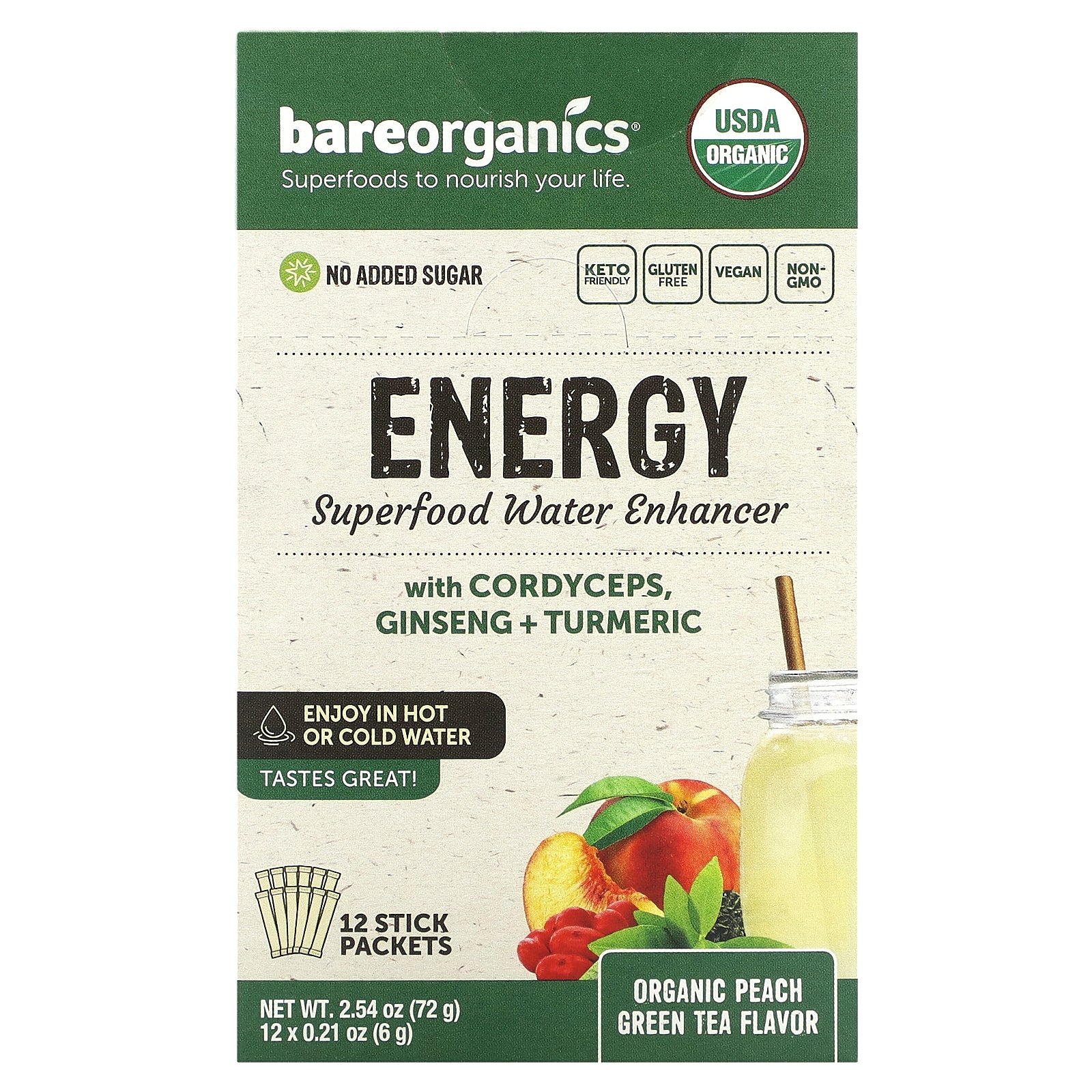 Foto 1 | Potenciador De Agua Superalimento Bareorganics Energy Peach Green Tea - Venta Internacional.