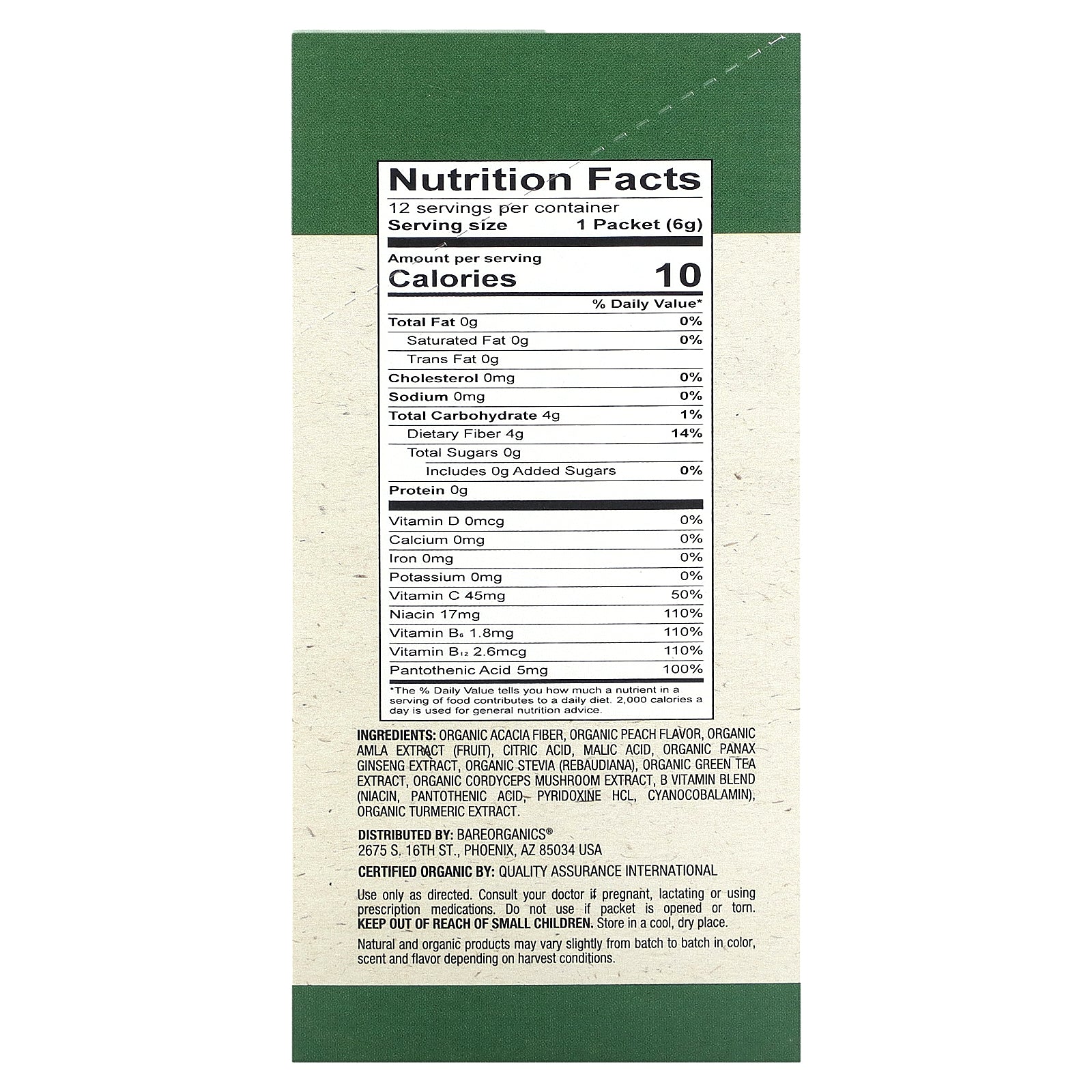 Foto 3 pulgar | Potenciador De Agua Superalimento Bareorganics Energy Peach Green Tea - Venta Internacional.