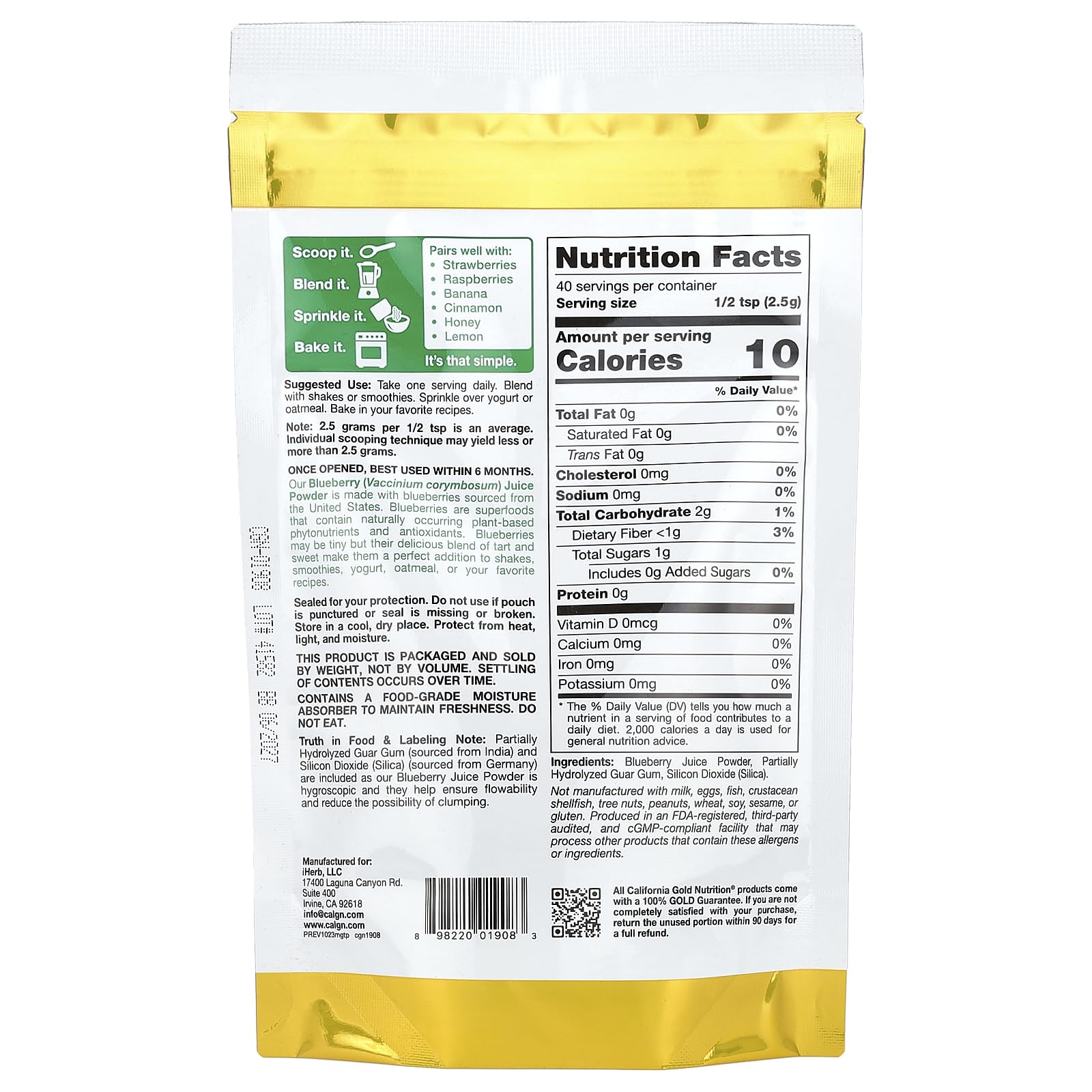 Foto 3 pulgar | Zumo De Arándanos En Polvo California Gold Nutrition 100g - Venta Internacional.