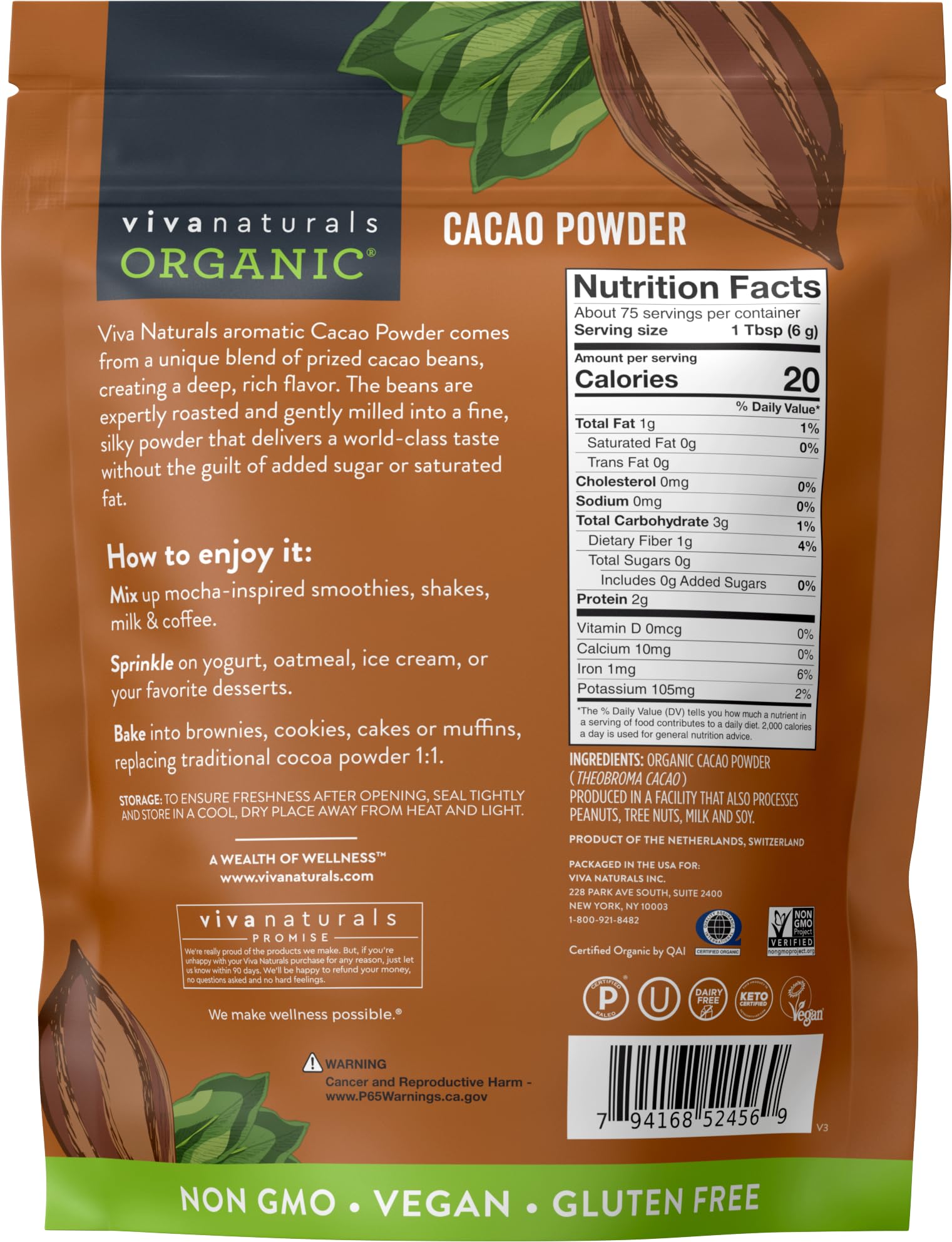 Foto 8 pulgar | Cacao En Polvo Viva Naturals Organic 454 G Sin Azúcar - Venta Internacional.