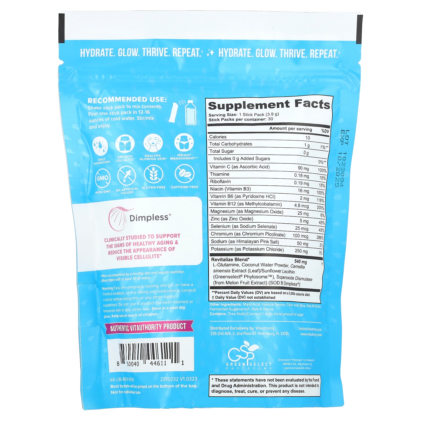 Foto 2 | Mezcla De Hidratación Vitauthority Revive Para Limonada Antienvejecimiento  30 X 3 9 G - Venta Internacional.