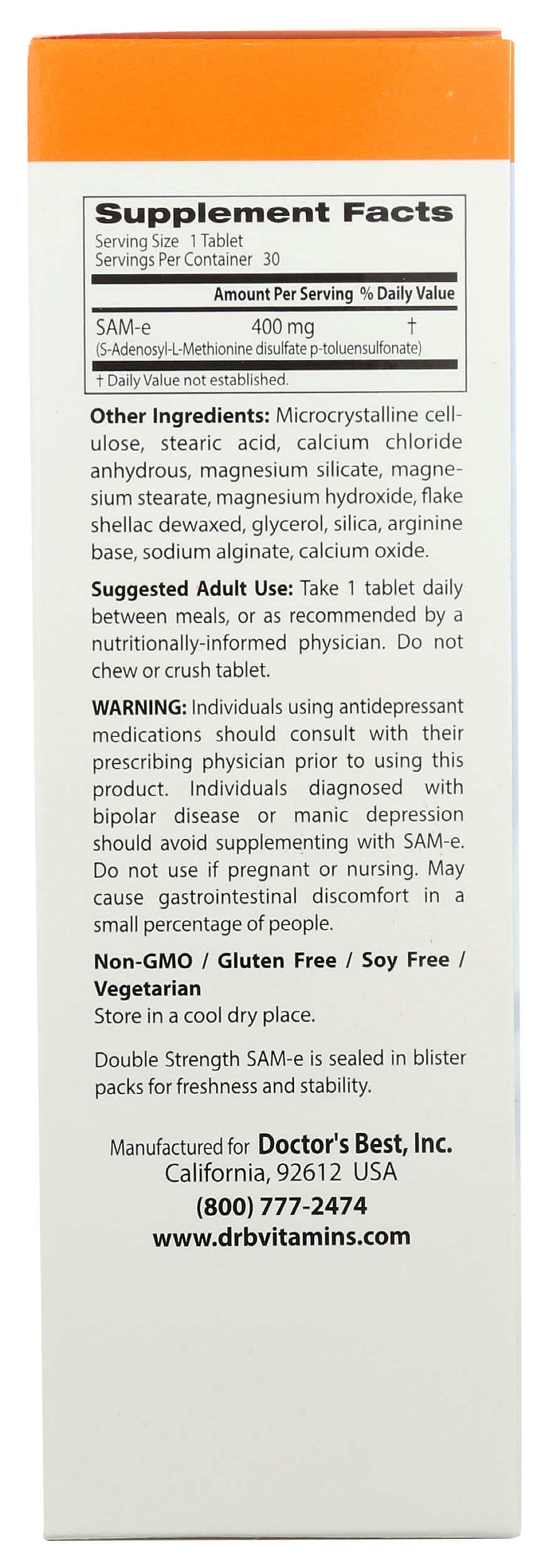 Foto 8 pulgar | Suplemento Doctor's Best Sam-e 400 Mg 30 Comprimidos - Venta Internacional.