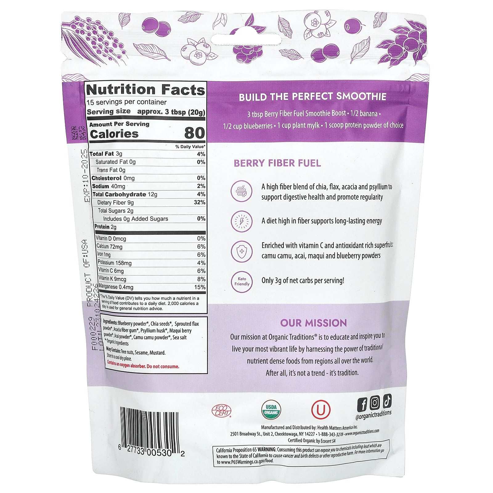 Foto 3 pulgar | Smoothie Boost Organic Traditions Fiber Fuel Berry  300 G - Venta Internacional.