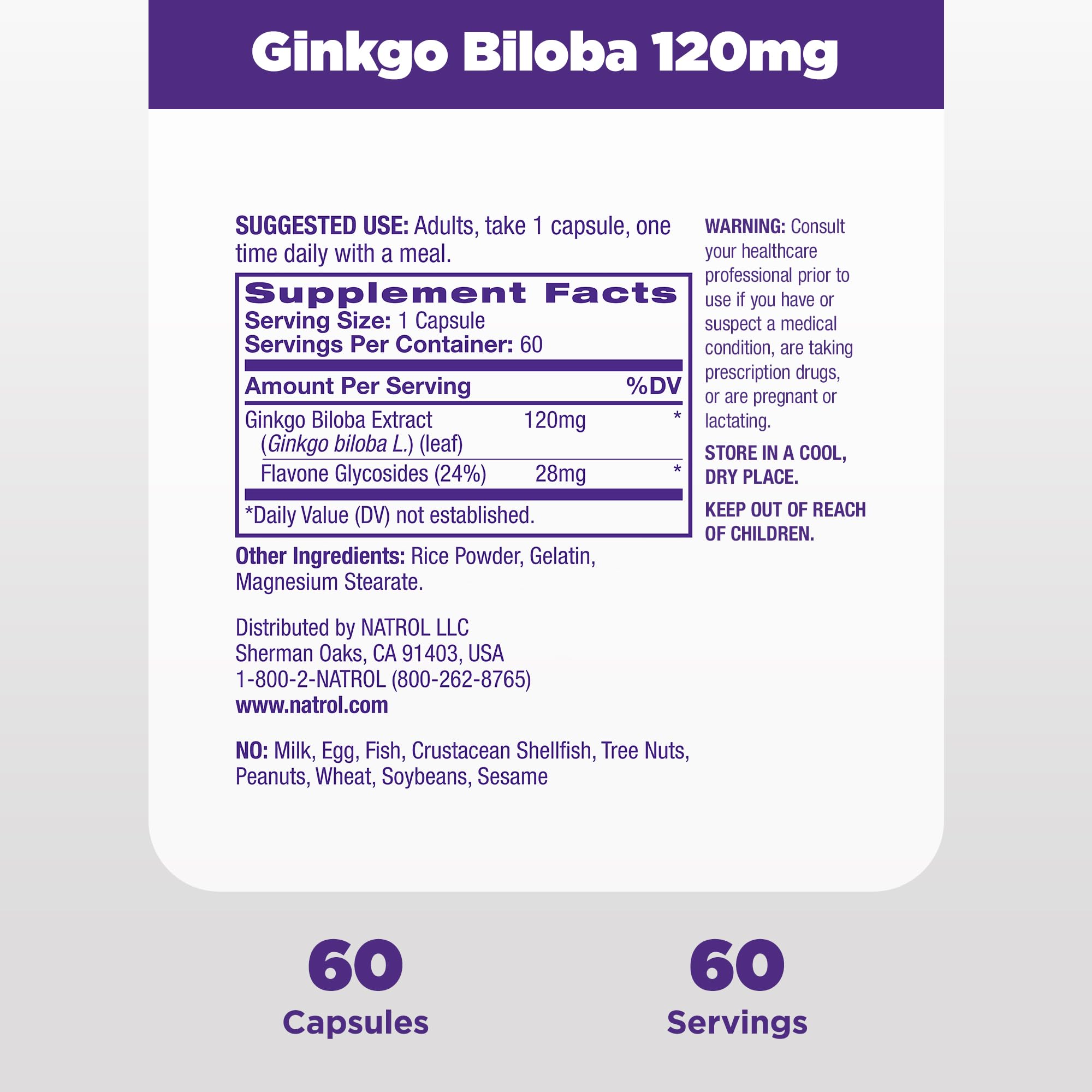 Foto 6 pulgar | Suplemento Natrol Brain Health Ginkgo Biloba 120 Mg 60 Cápsulas - Venta Internacional.