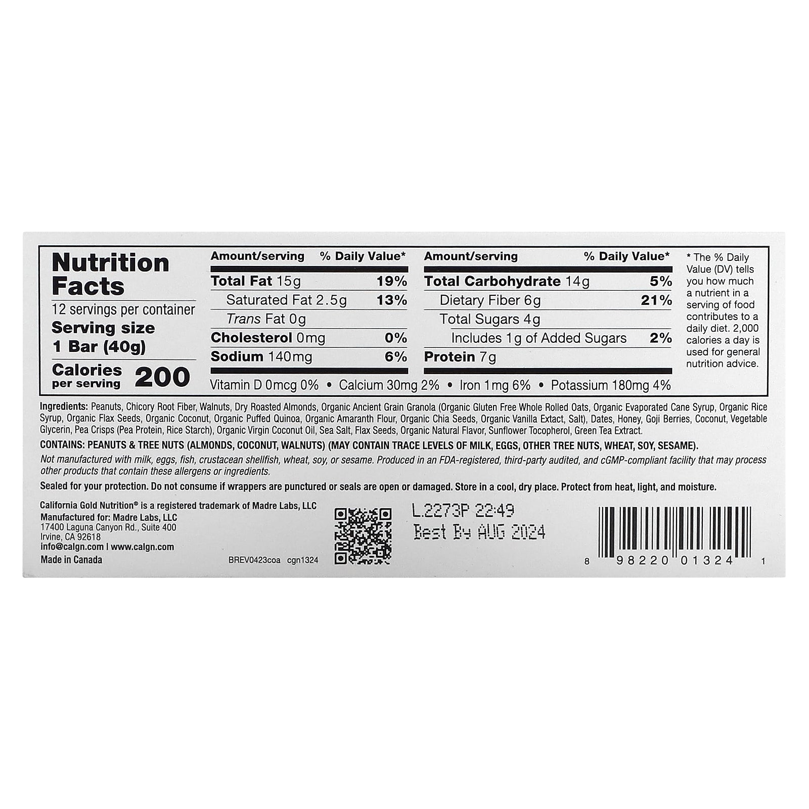 Foto 2 | Barras De Granola California Gold Nutrition  Coco Y Almendras  40 G X 12 - Venta Internacional.