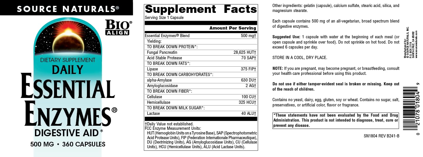 Foto 5 pulgar | Suplemento Source Naturals Essential Enzymes 500 Mg 360 Cápsulas - Venta Internacional.