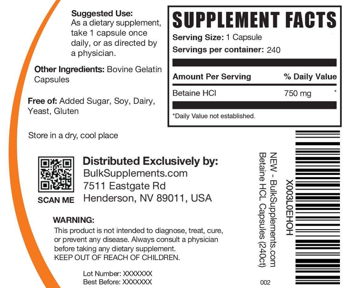 Foto 3 pulgar | Betaína Hcl BulkSupplements 240 Cápsulas-Venta Internacional