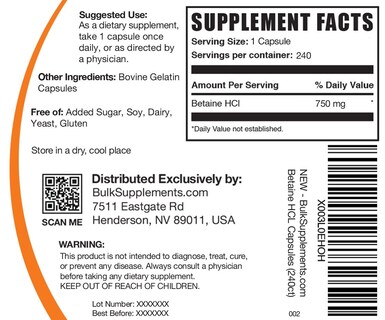 Foto 2 | Betaína Hcl BulkSupplements 240 Cápsulas-Venta Internacional