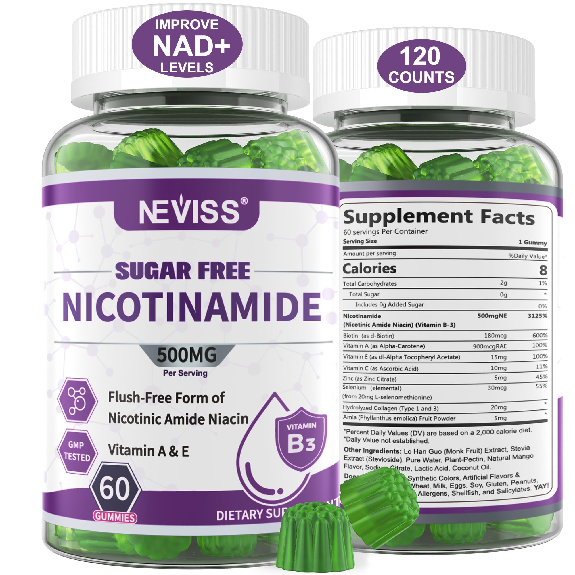 Foto 2 pulgar | Suplemento Neviss  Gomitas De Nicotinamida Sin Azúcar  500 Mg  120 Unidades - Venta Internacional.