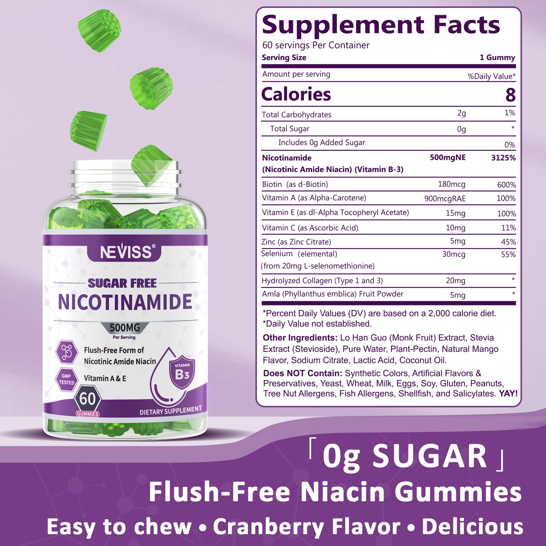 Foto 2 | Suplemento Neviss  Gomitas De Nicotinamida Sin Azúcar  500 Mg  120 Unidades - Venta Internacional.