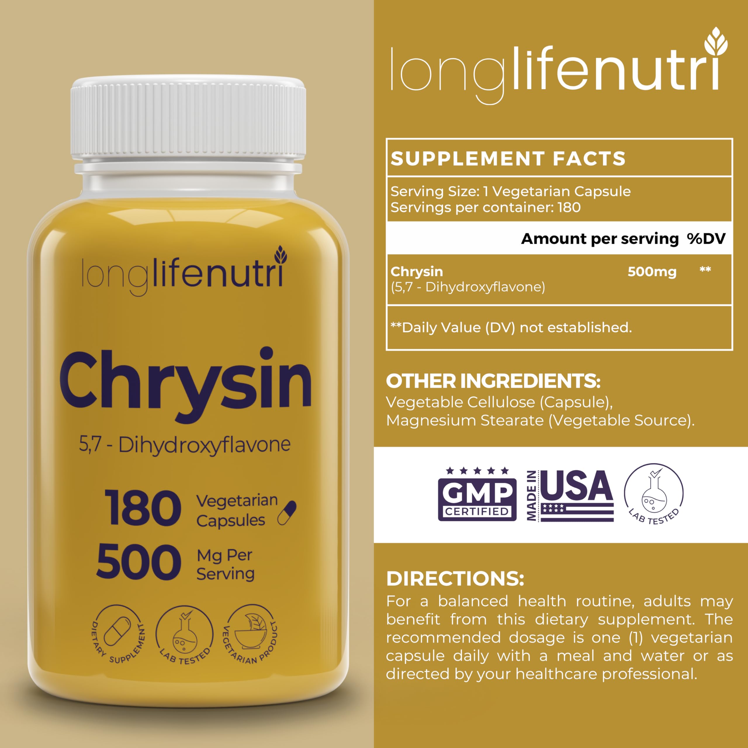 Foto 3 pulgar | Suplemento Longlife Nutri Chrysin 500 Mg 180 Cápsulas Vegetariano - Venta Internacional.