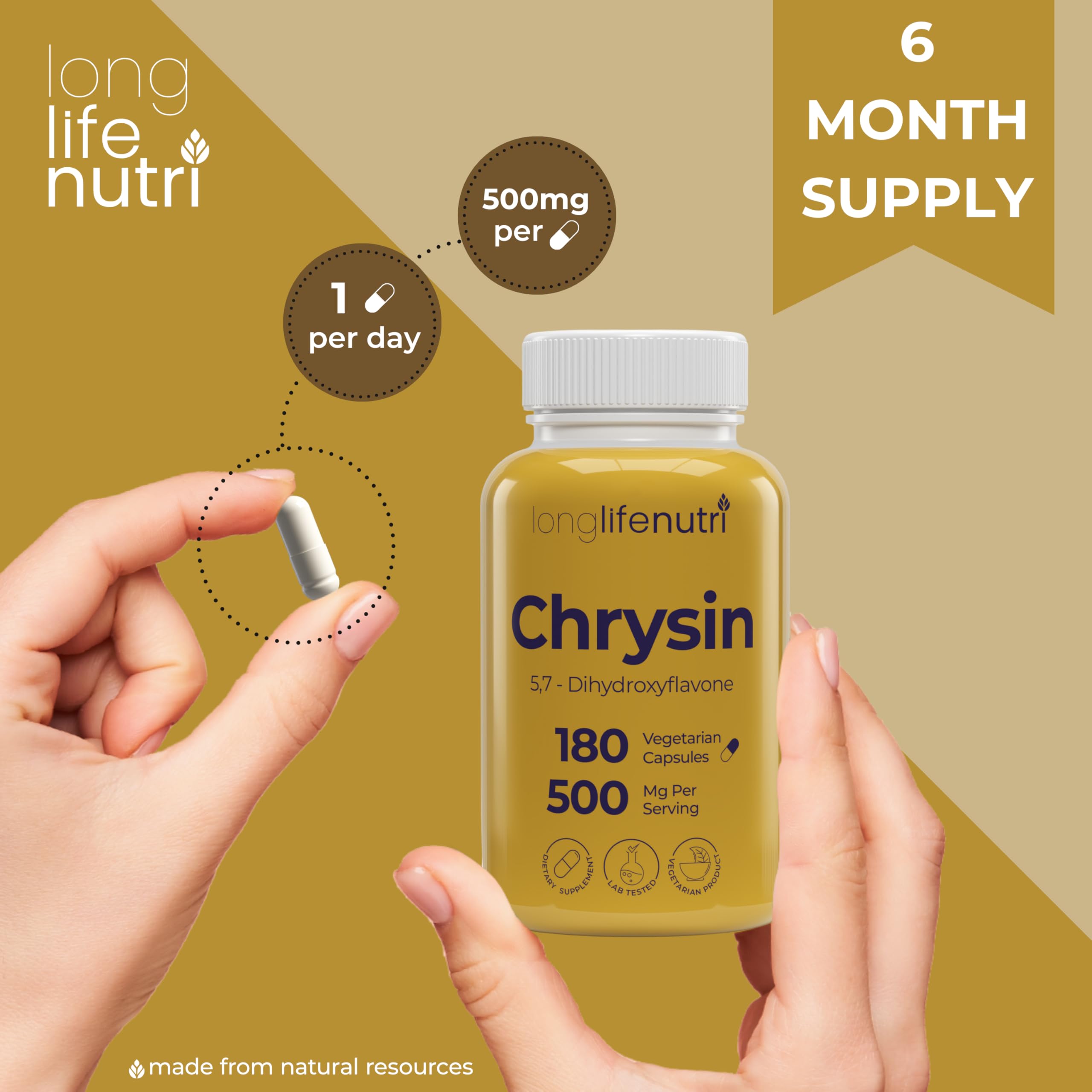 Foto 6 pulgar | Suplemento Longlife Nutri Chrysin 500 Mg 180 Cápsulas Vegetariano - Venta Internacional.