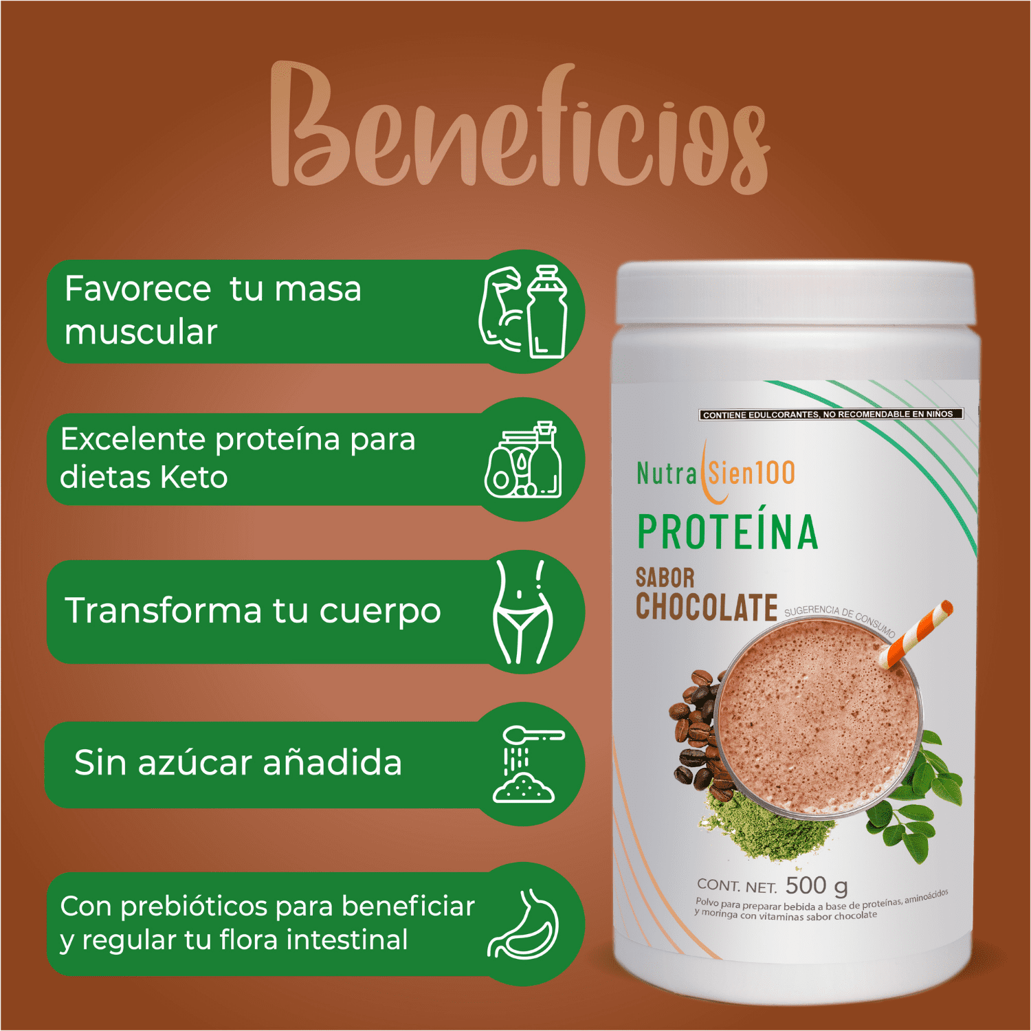 Foto 4 pulgar | Proteína en polvo Chocolate. Keto, pre workout. 22g proteína. Sin:  Azúcar, Carbohidratos, grasa. 500g 17 porciones