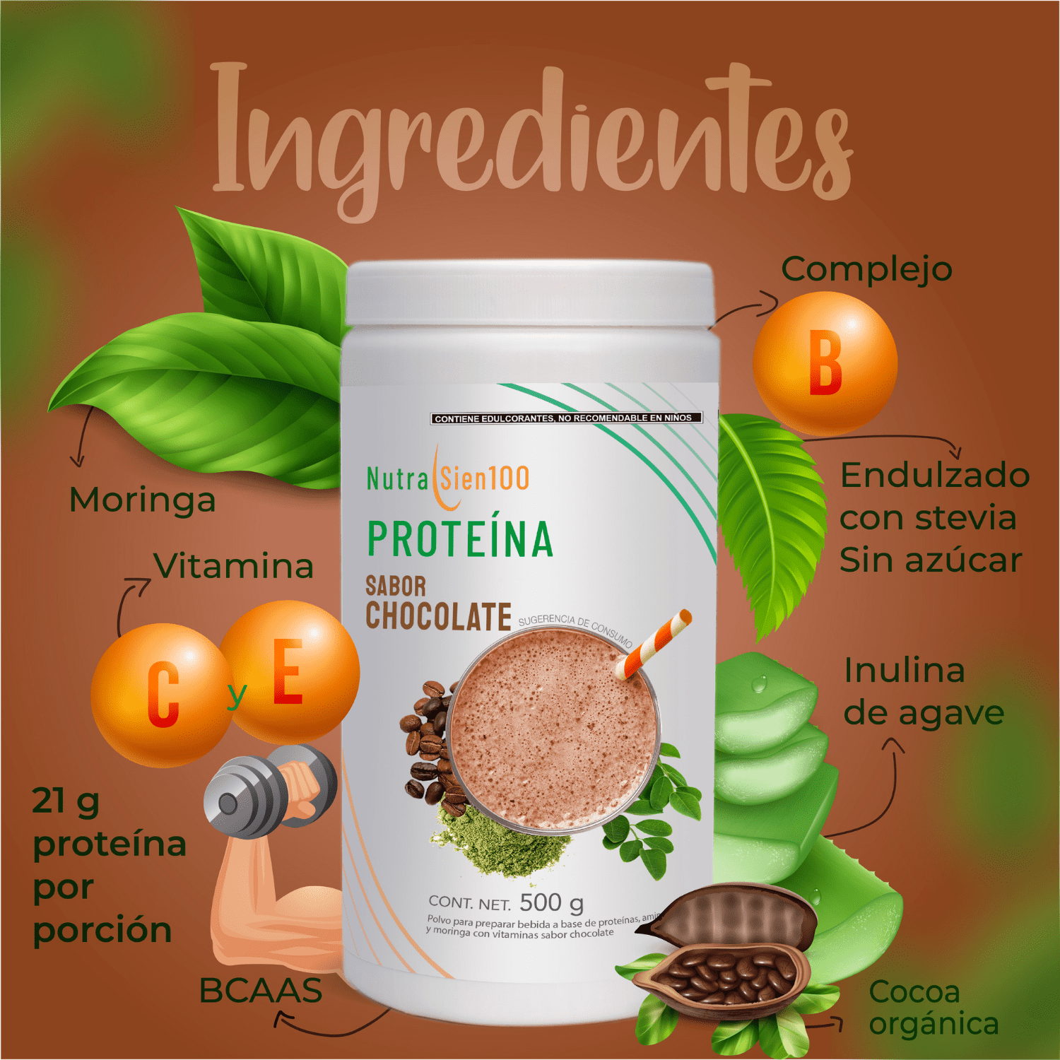 Foto 5 pulgar | Proteína en polvo Chocolate. Keto, pre workout. 22g proteína. Sin:  Azúcar, Carbohidratos, grasa. 500g 17 porciones