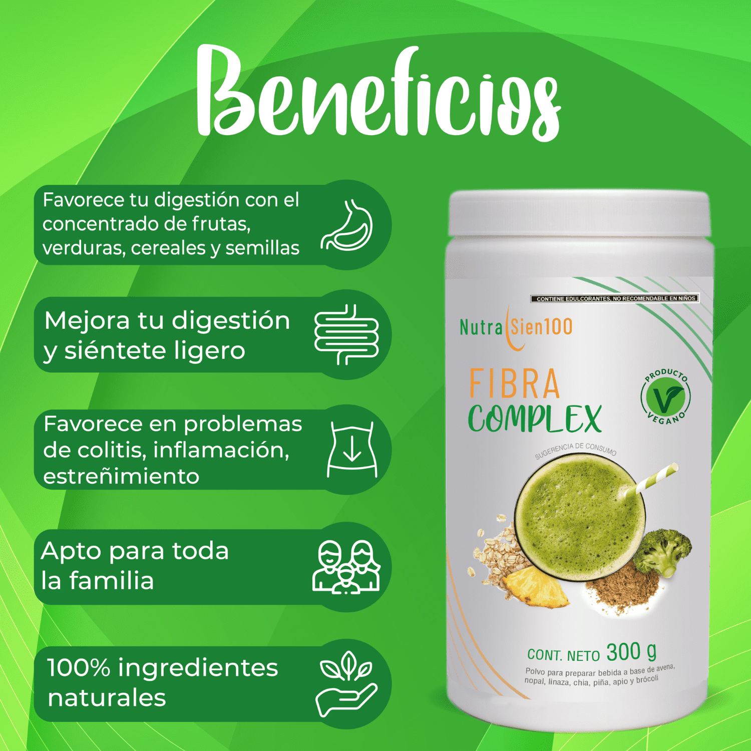 Foto 3 pulgar | Fibra natural en Polvo. Salud Digestiva. Regula Intestino. Fortalece microbiota. Sabor piña. Sin Azúcar. 300g - 20