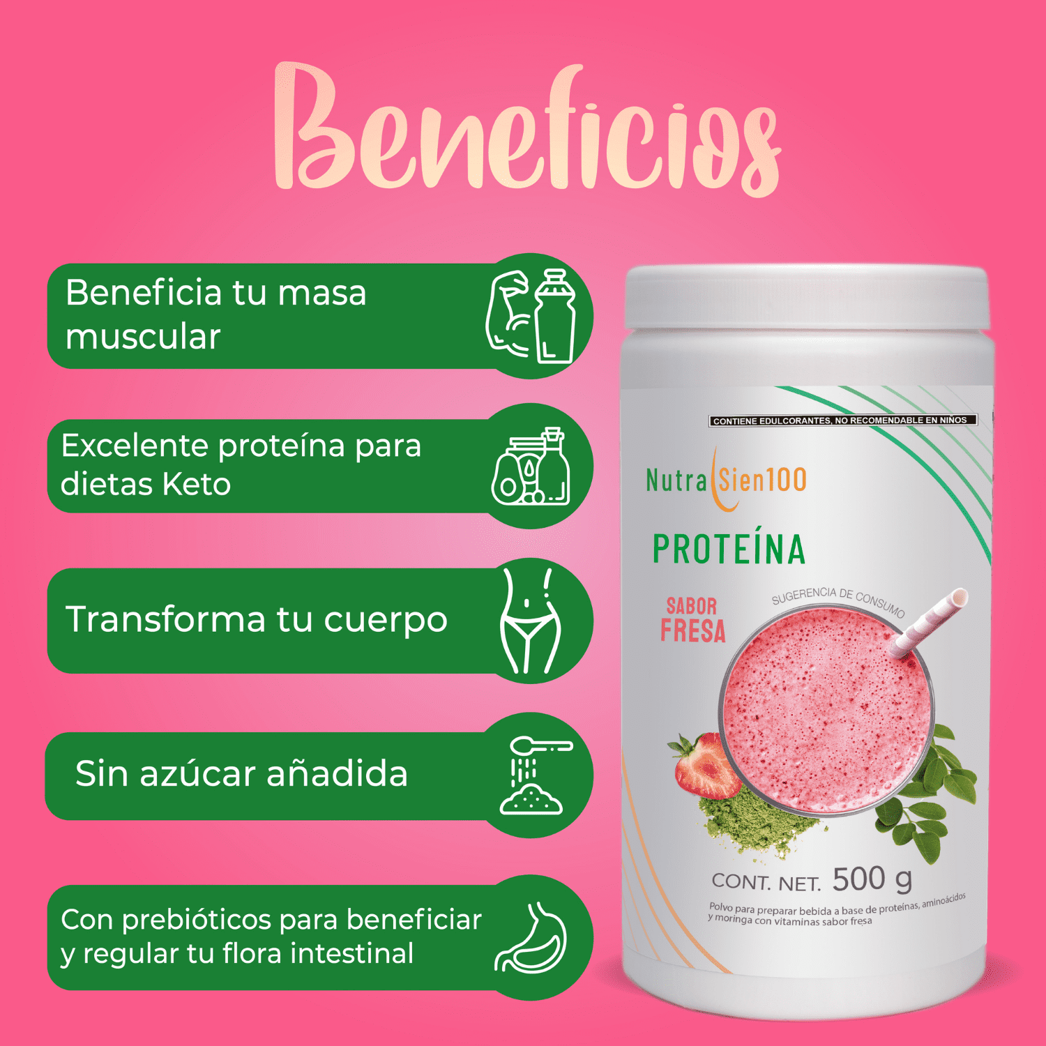 Foto 6 pulgar | Proteína en polvo Fresa. Keto, pre workout. 22g proteína. Sin:  Azúcar, Carbohidratos, grasa. 500g 17 porciones