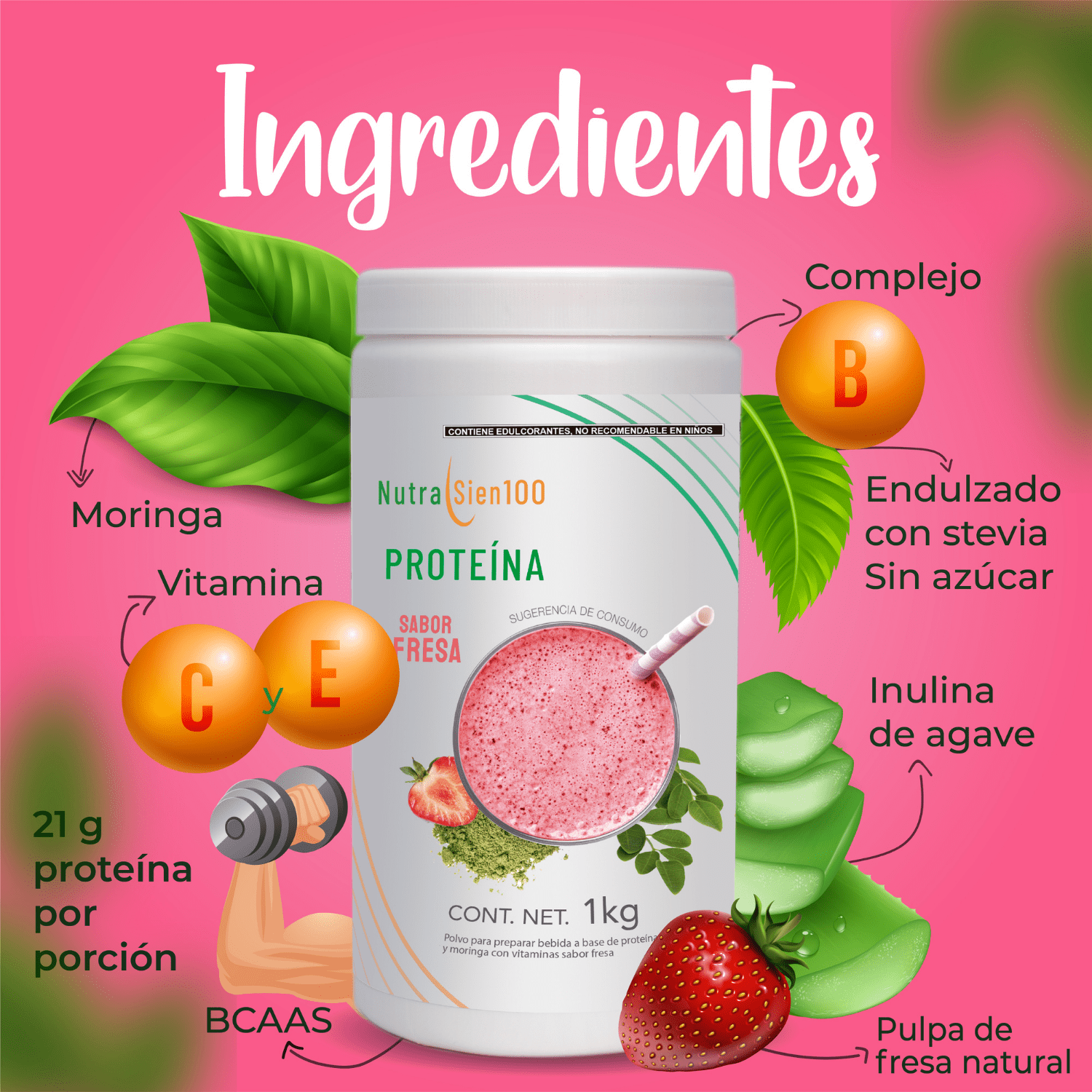 Foto 9 pulgar | Proteína en polvo Fresa. Keto, pre workout. 22g proteína. Sin:  Azúcar, Carbohidratos, grasa. 1Kg 33 porciones