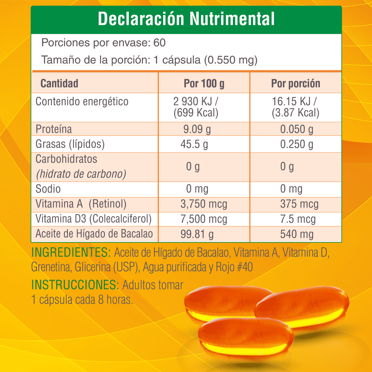 Foto 7 pulgar | Aceite de Hígado de Bacalao en cápsulas + Vitamina A y D. Beneficia sistema inmune. Suplemento alimenticio. 60 Cápsula