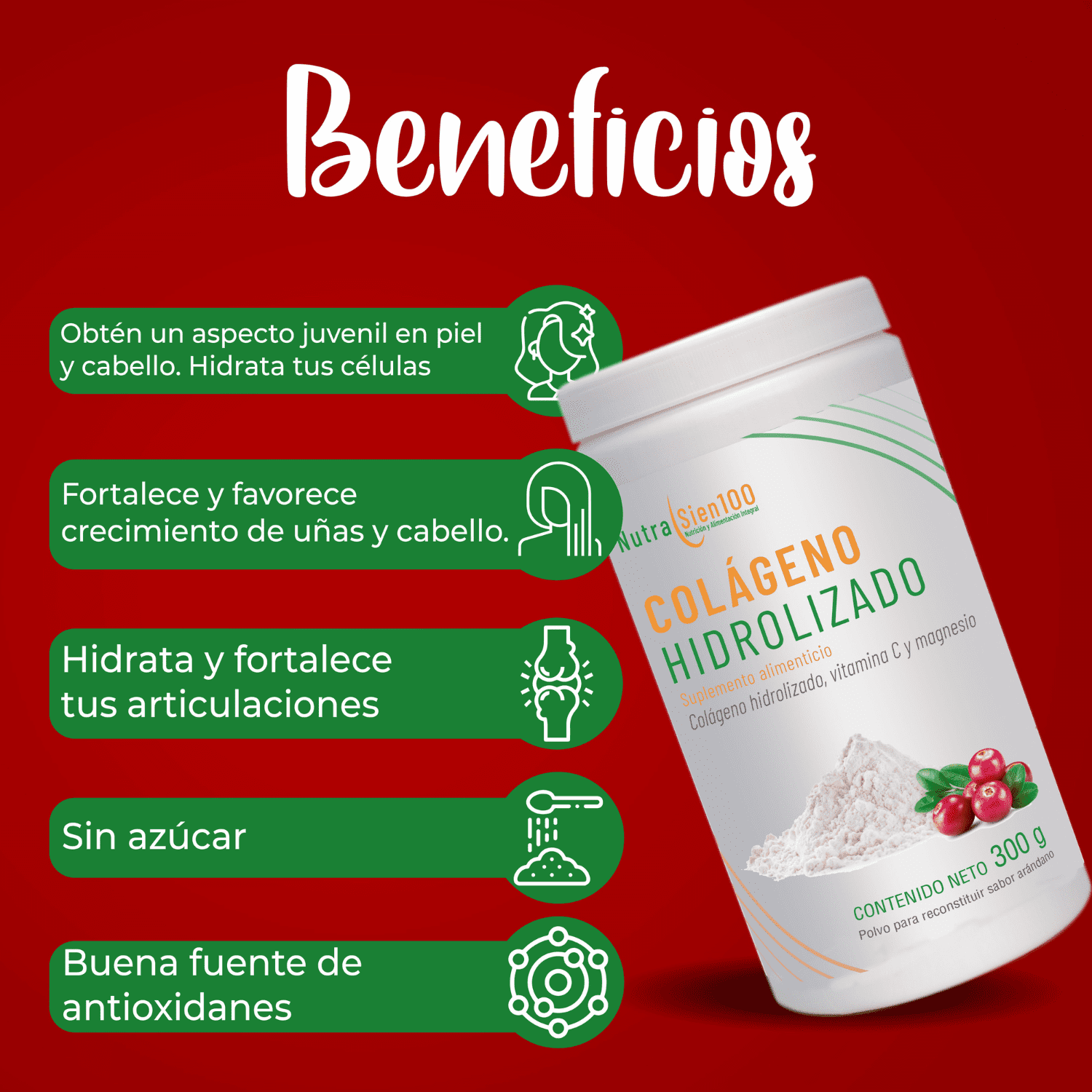 Foto 6 pulgar | Colágeno Hidrolizado Puro en Polvo Nutrasien100 Sabor Arándano 300 g