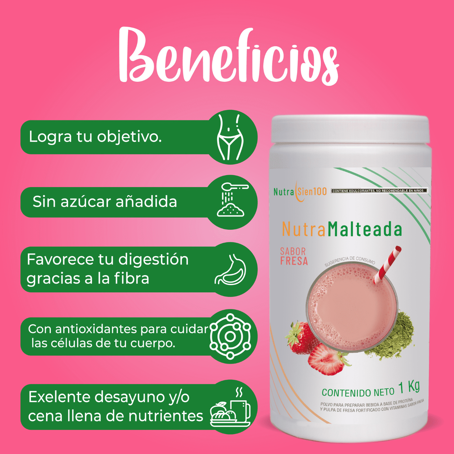 Foto 3 pulgar | Polvo para preparar Malteada sabor fresa. Sin grasa Sin azúcar 15 g proteína por porción. Fácil y rápida preparac