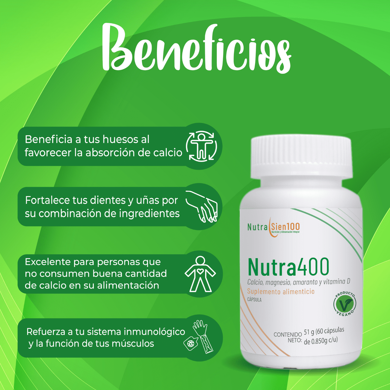Foto 6 pulgar | Calcio + Vitamina D3 + Magnesio + Amaranto NutraSien100 Nutra400 60 Cápsulas