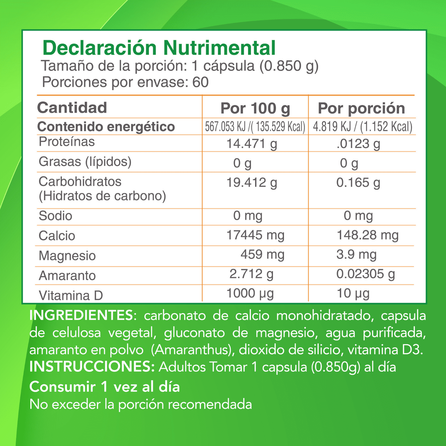 Foto 7 pulgar | Calcio + Vitamina D3 + Magnesio + Amaranto NutraSien100 Nutra400 60 Cápsulas