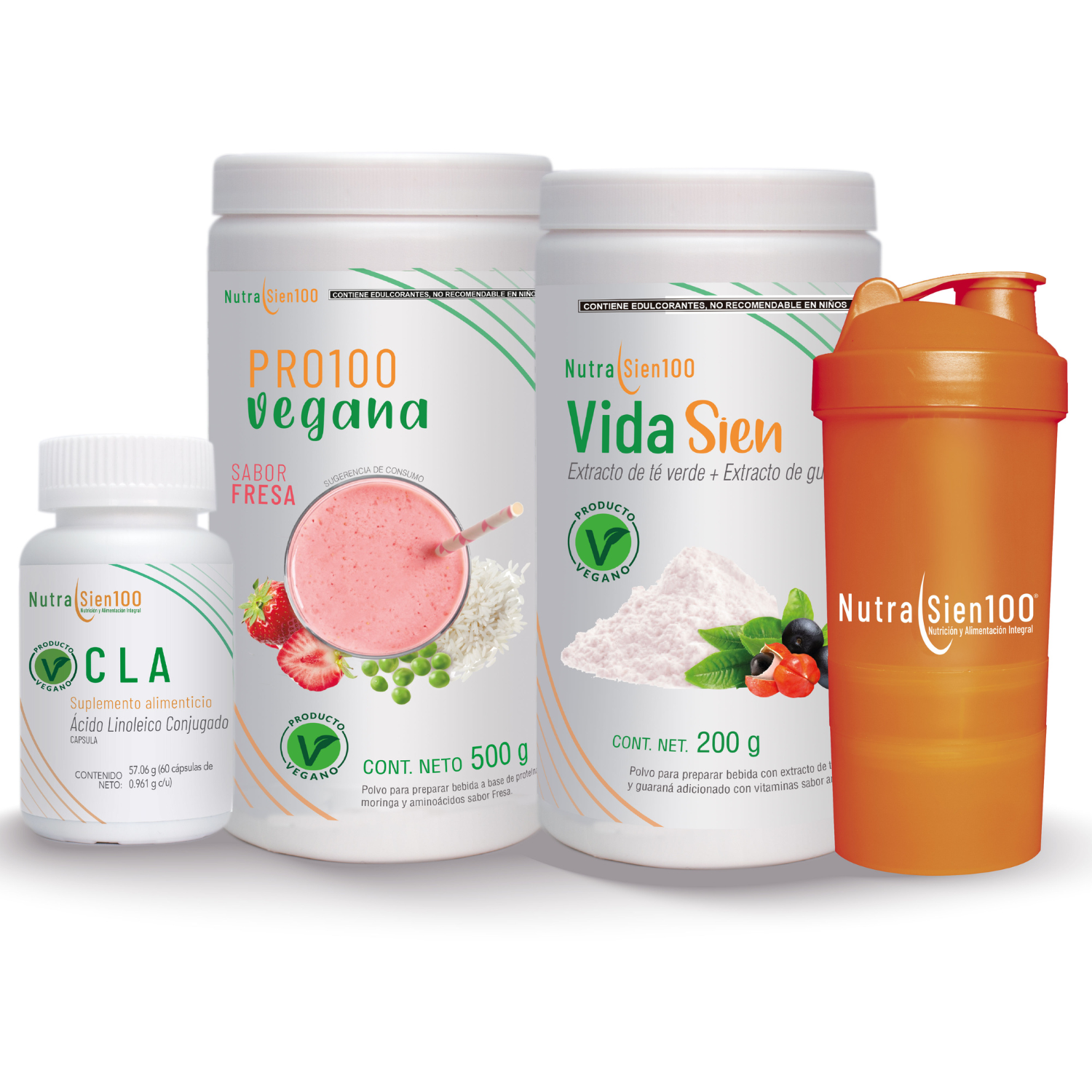 Combo Nutrasien100: Proteína Vegana Fresa + Suplementos + Shaker + Plan y Seguimiento 30 Días