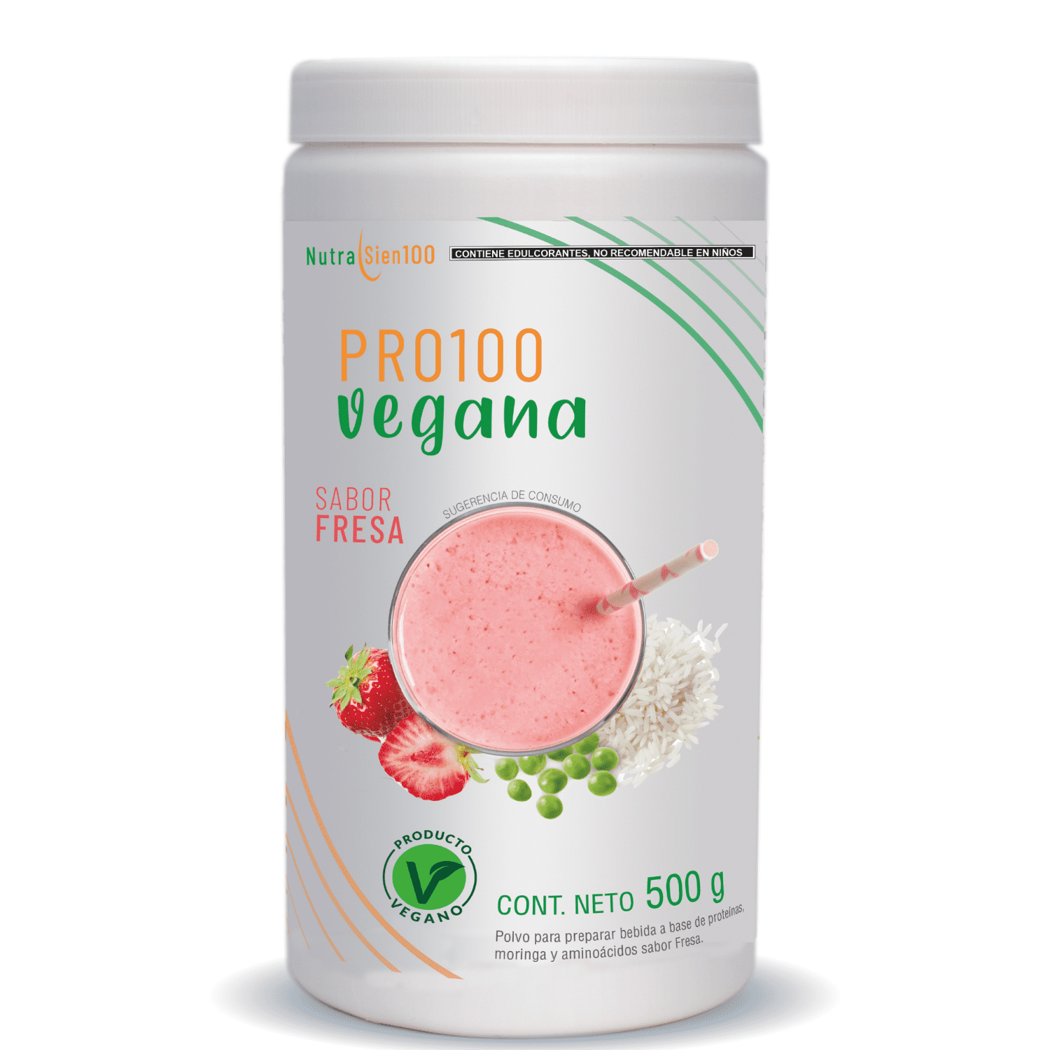 Proteína Vegana sabor Fresa. Nutrasien100. Sin azúcar. Fácil digestión. Ideal hombres y mujeres. 500 g - 17 porciones.