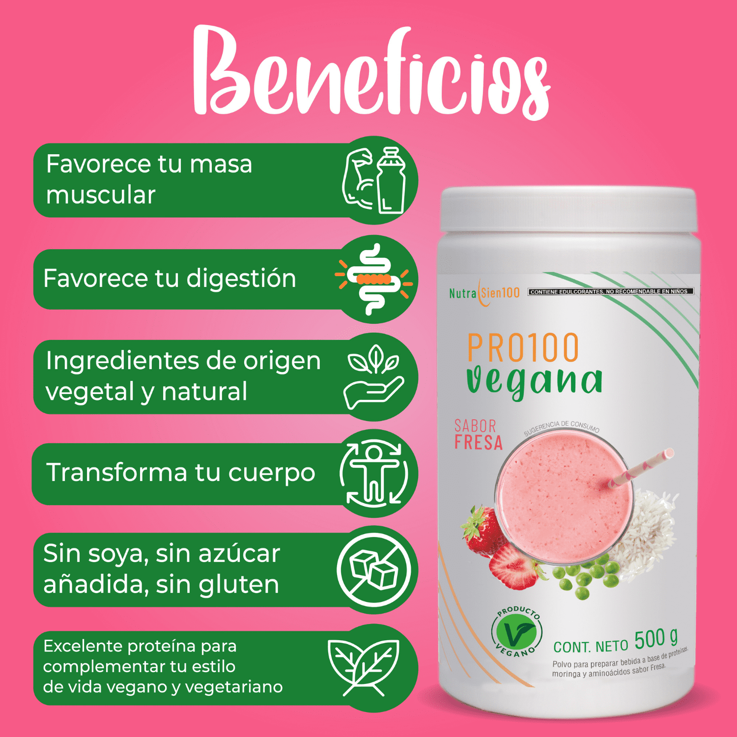 Foto 3 pulgar | Proteína Vegana sabor Fresa. Nutrasien100. Sin azúcar. Fácil digestión. Ideal hombres y mujeres. 500 g - 17 porciones.