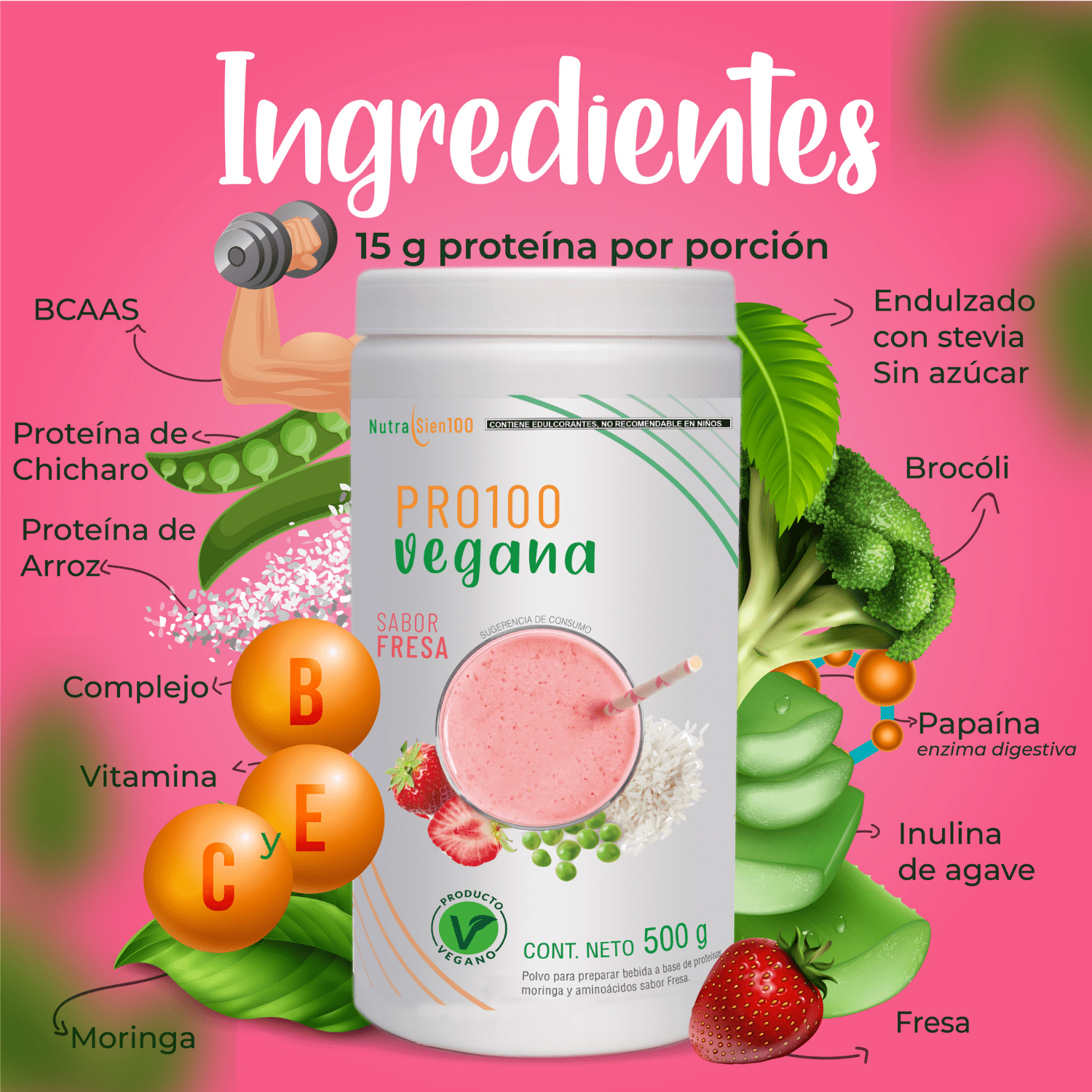 Foto 4 pulgar | Proteína Vegana sabor Fresa. Nutrasien100. Sin azúcar. Fácil digestión. Ideal hombres y mujeres. 500 g - 17 porciones.