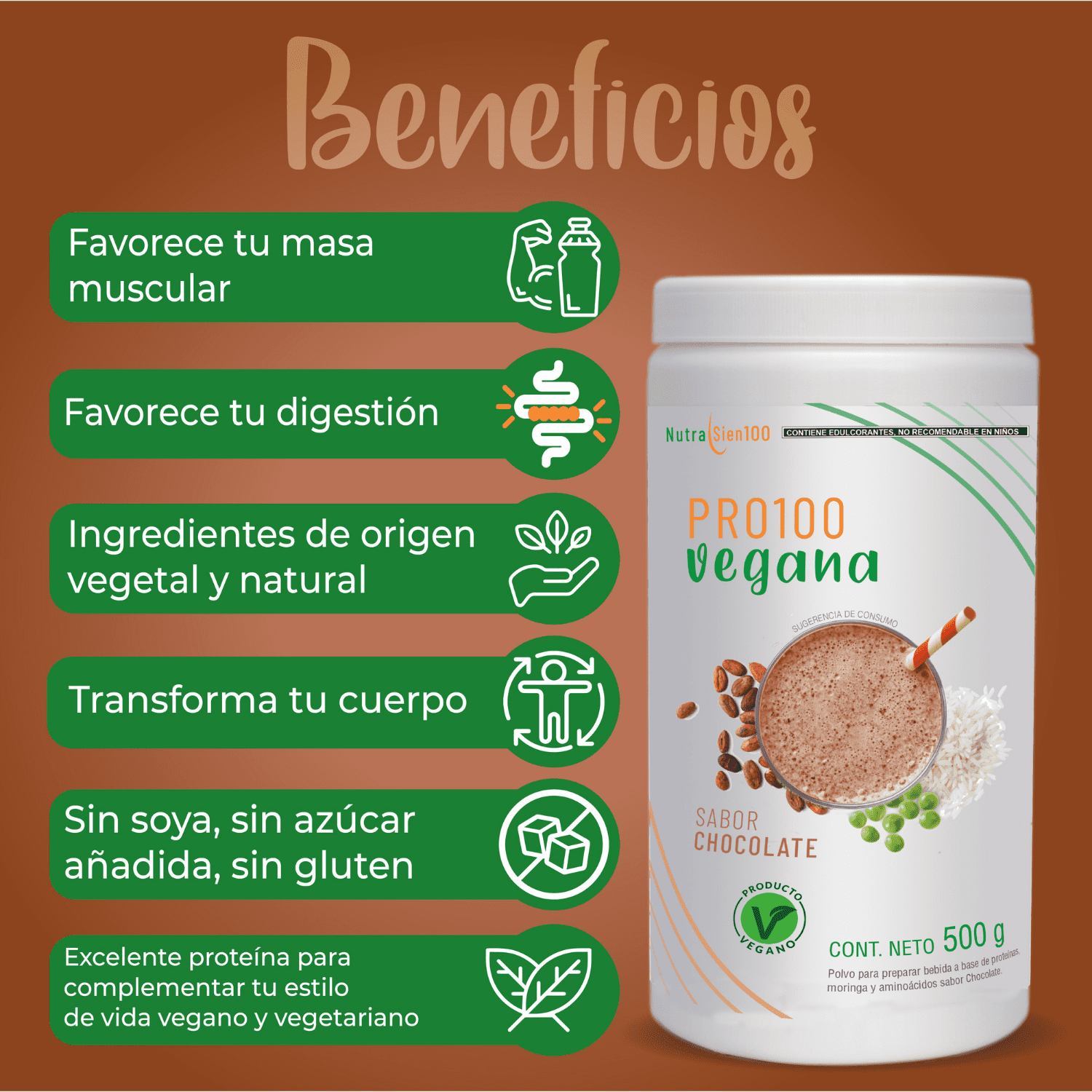 Foto 6 pulgar | Proteína Vegana en Polvo NutraSien100 Sabor Chocolate Sin Azúcar/ Sin Soya/ Sin Lactosa 500 g