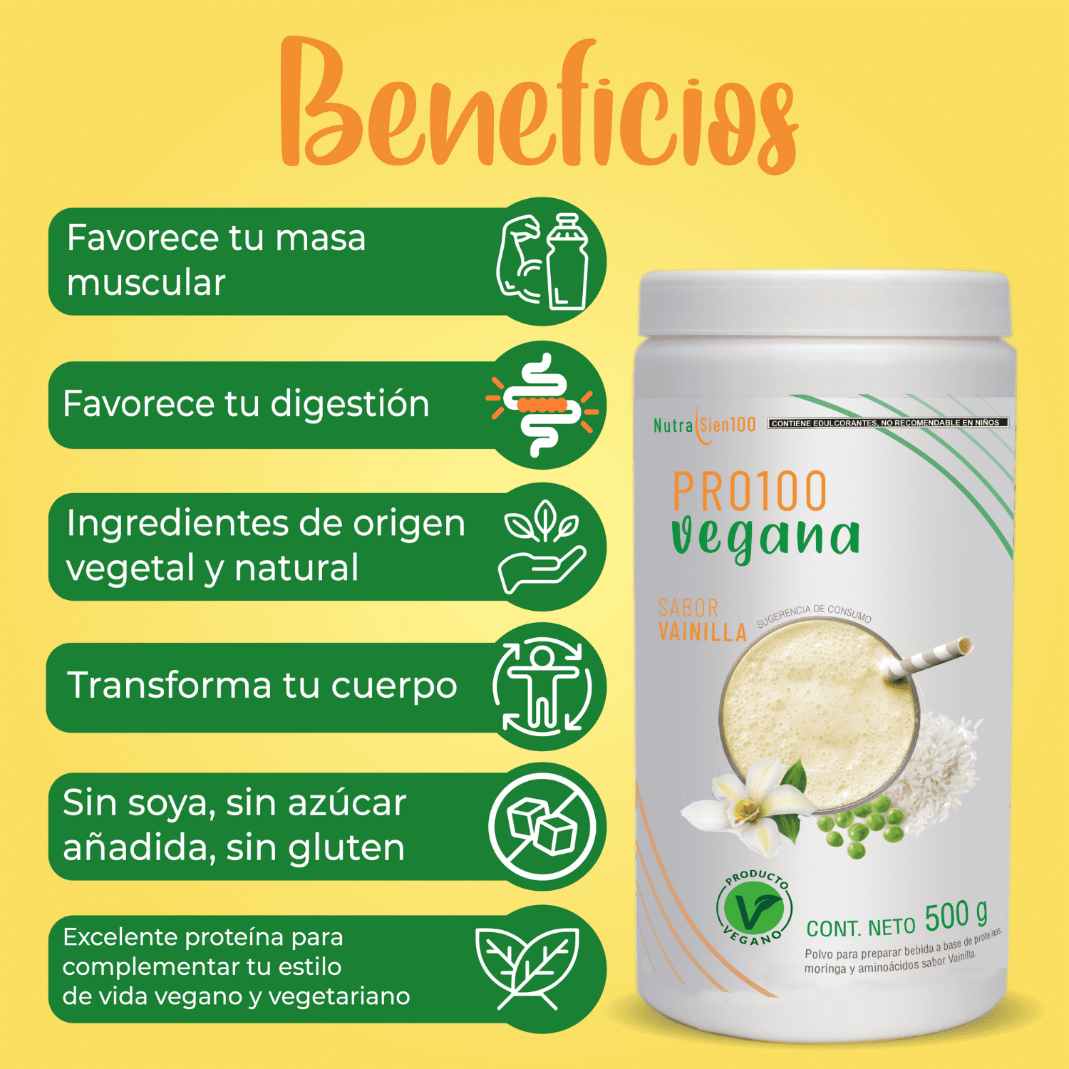 Foto 3 pulgar | Proteína Vegana sabor Vainilla. Nutrasien100. Sin azúcar. Fácil digestión. Ideal hombres y mujeres. 500 g - 17 porc